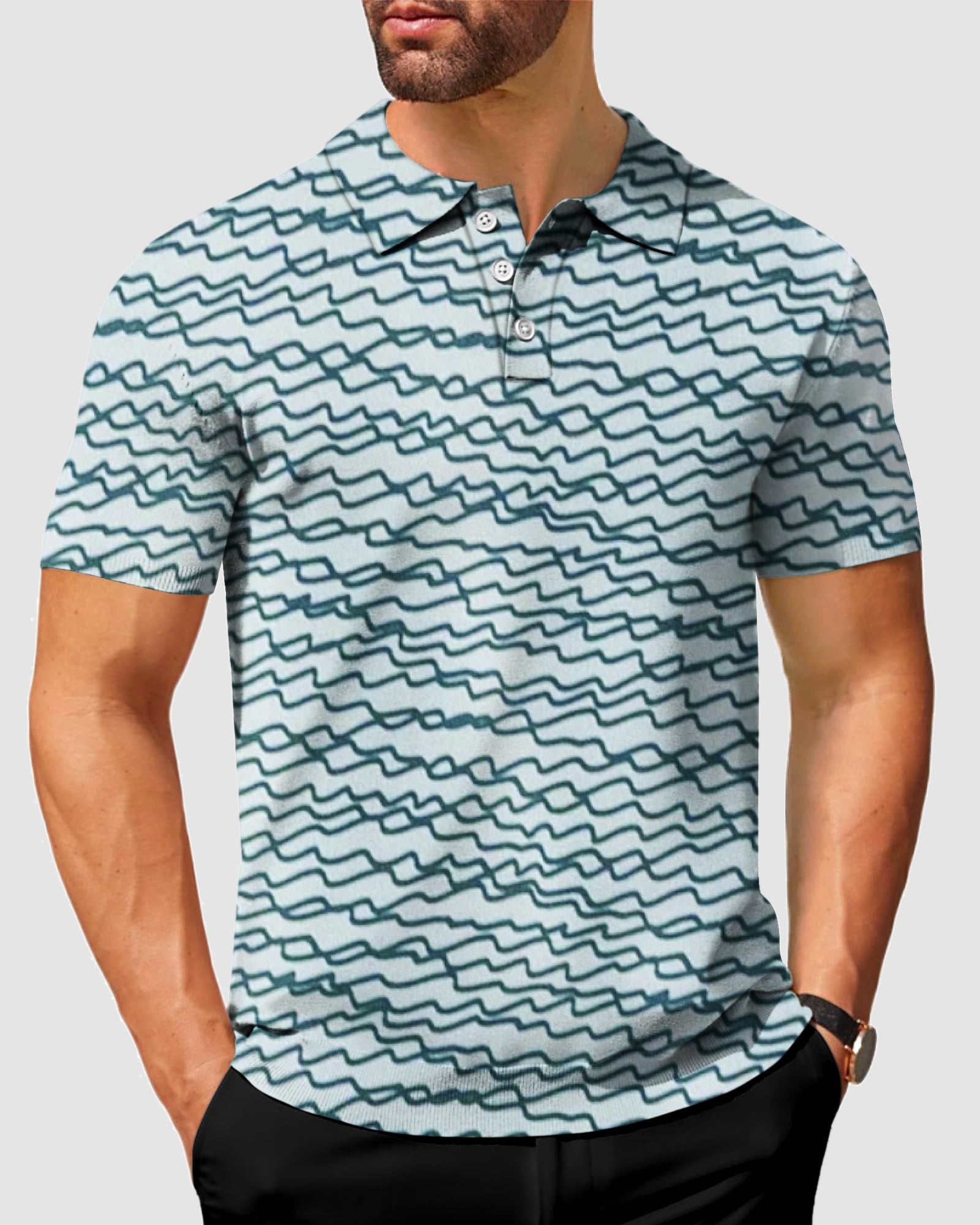 Men's Green Irregular Wavy Lines Polo