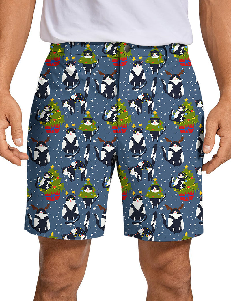 Men's Christmas black and white cat golf shorts with festive pattern on breathable performance fabric