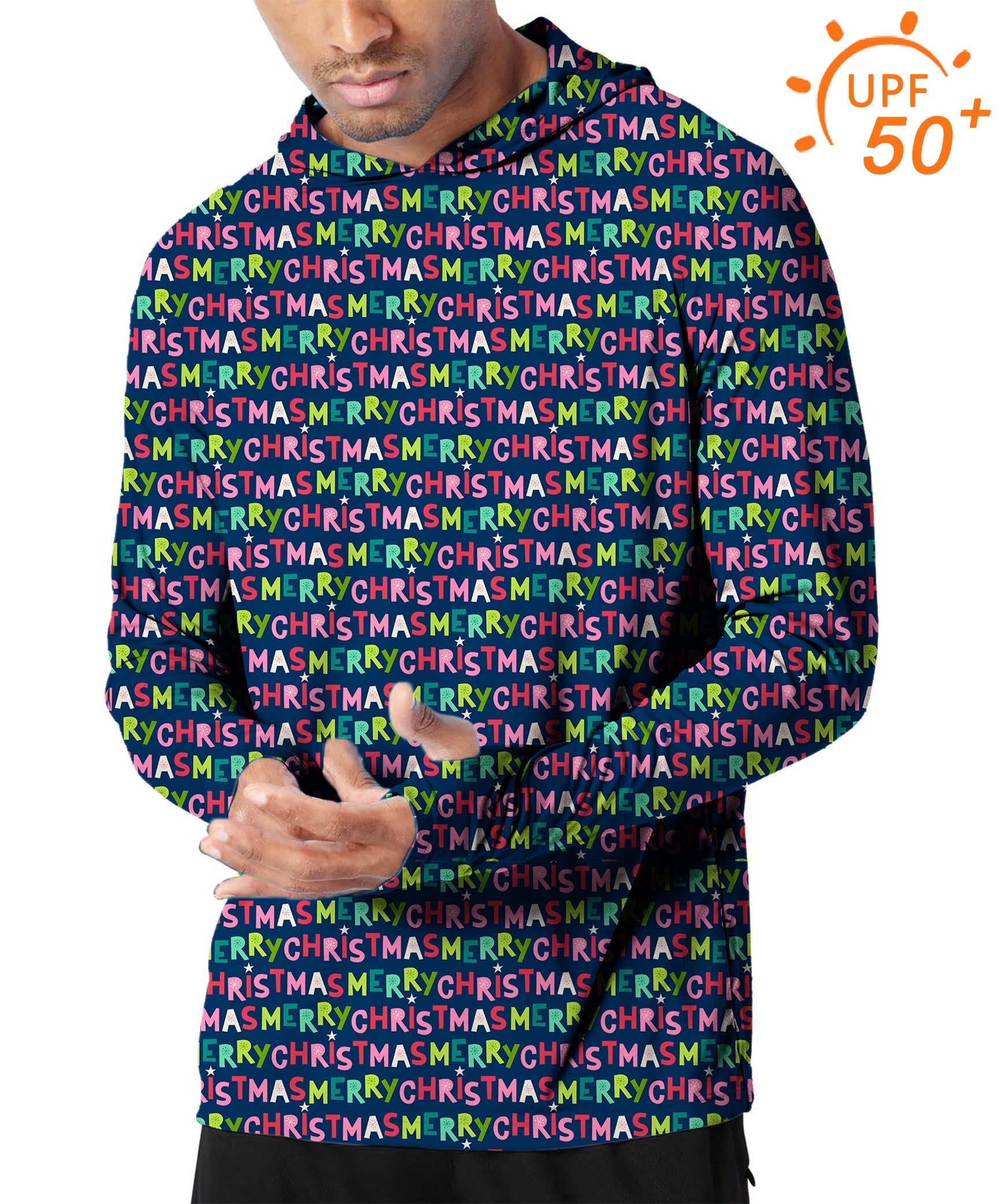 Men's outdoor hoodies with colorful Christmas text print, slim fit with UPF 50+ sun protection, breathable and lightweight for active wear