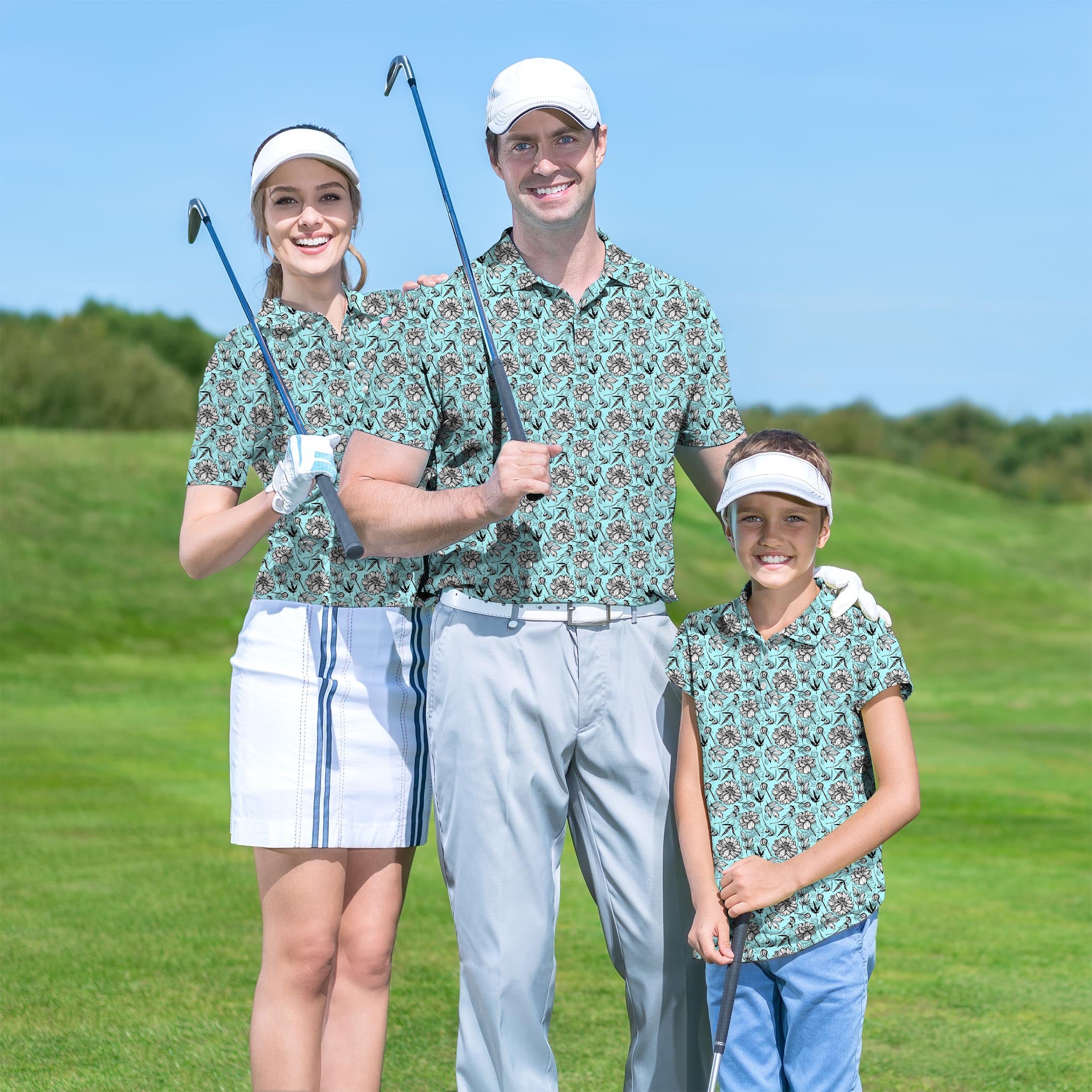 Golf Polo Couple Family set Blue Tropics