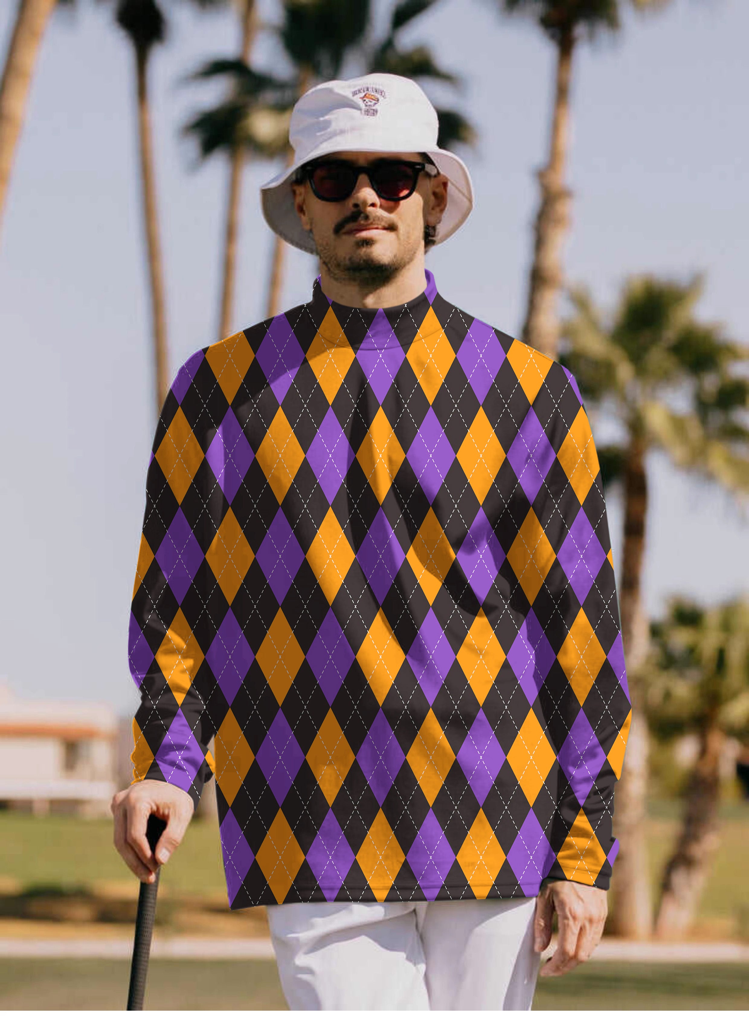 Men's Orange purple and black argyle Pullover High neck Long/Short sleeve T-Shirt
