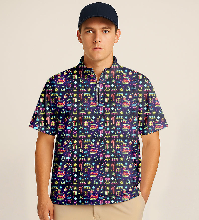 Man wearing neon Merry Christmas embroidered half zipper turtleneck golf short shirt with festive patterns
