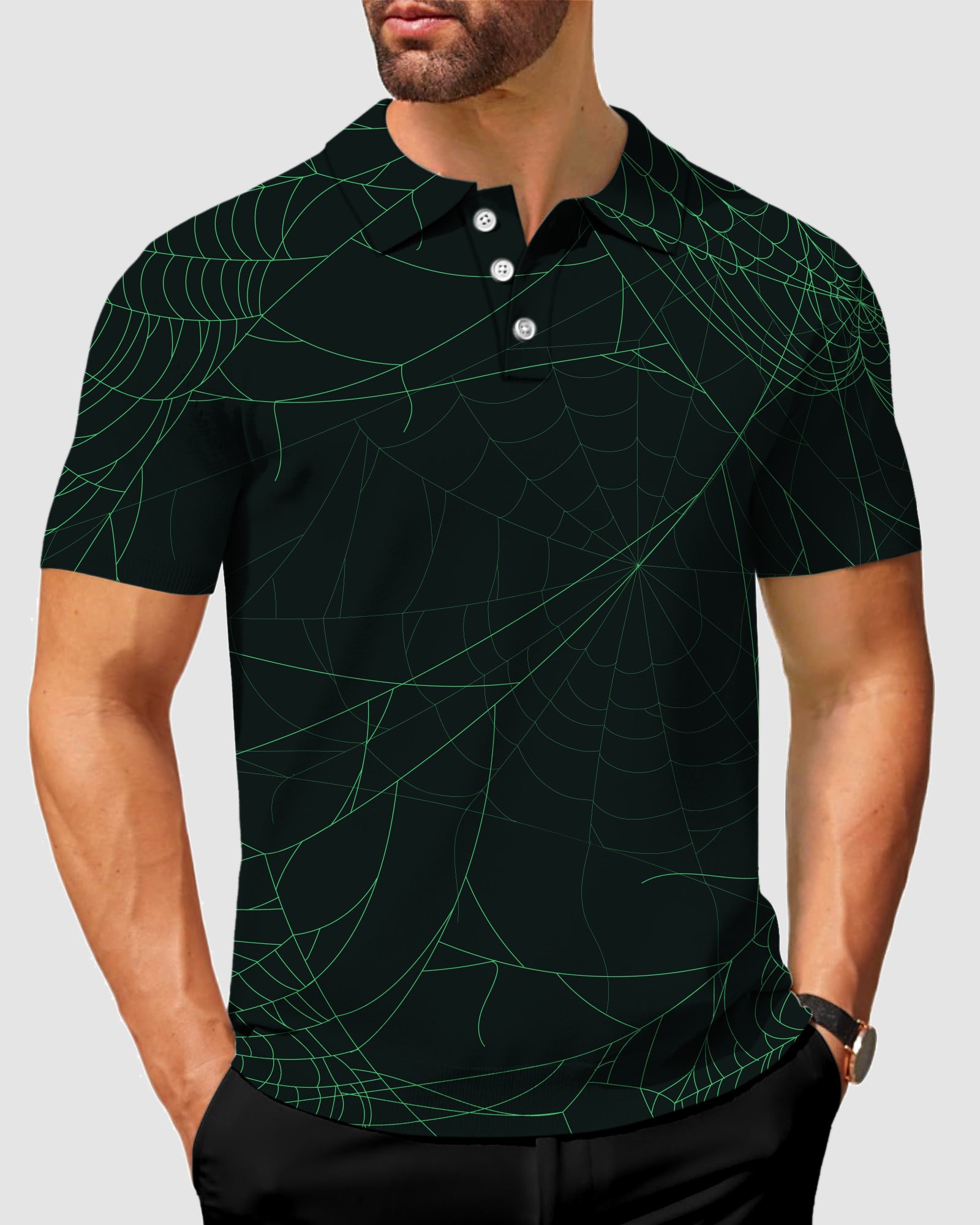 Men's Halloween Green Spiderweb Polo