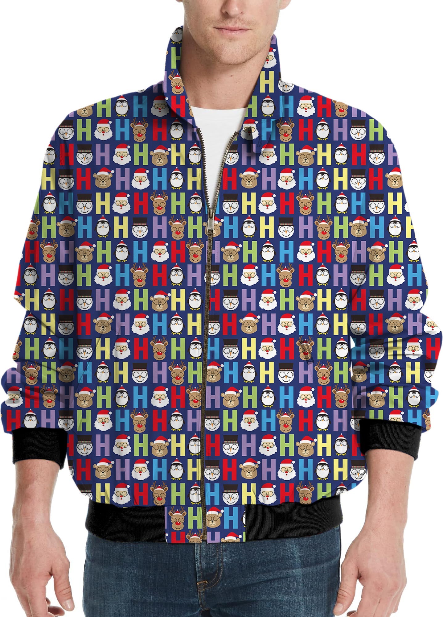 Men's Christmas golf windbreaker jacket with colorful Cartoon H Elk pattern