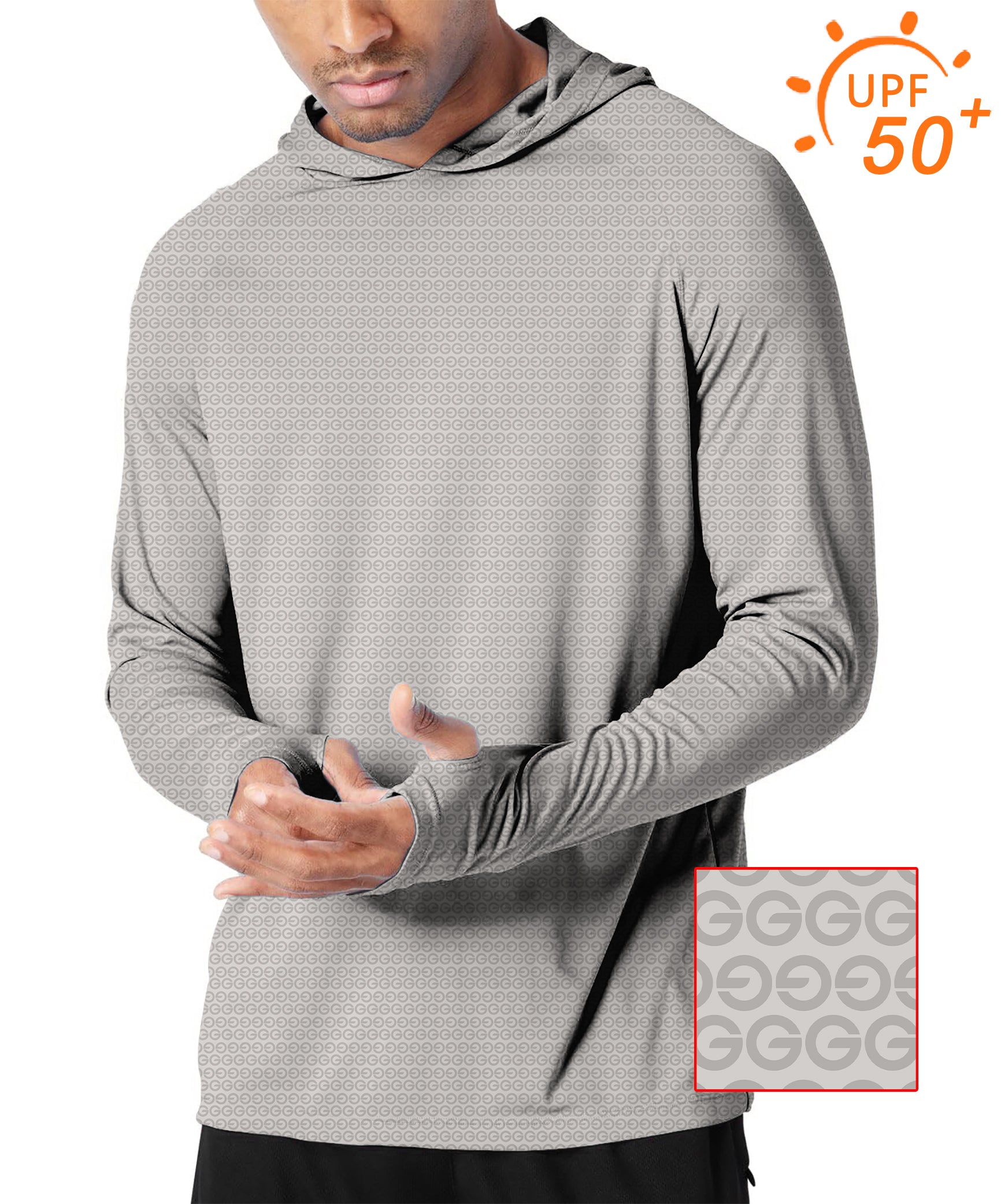 Slim fit men's beige golf hoodie with UPF 50+ sun protection and thumb holes for outdoor activities
