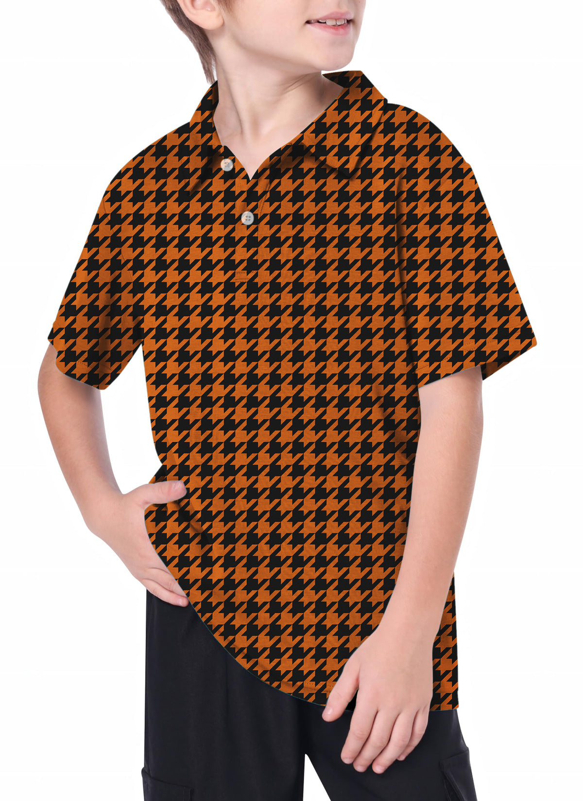 Youth Halloween yellow and black houndstooth Golf Polo