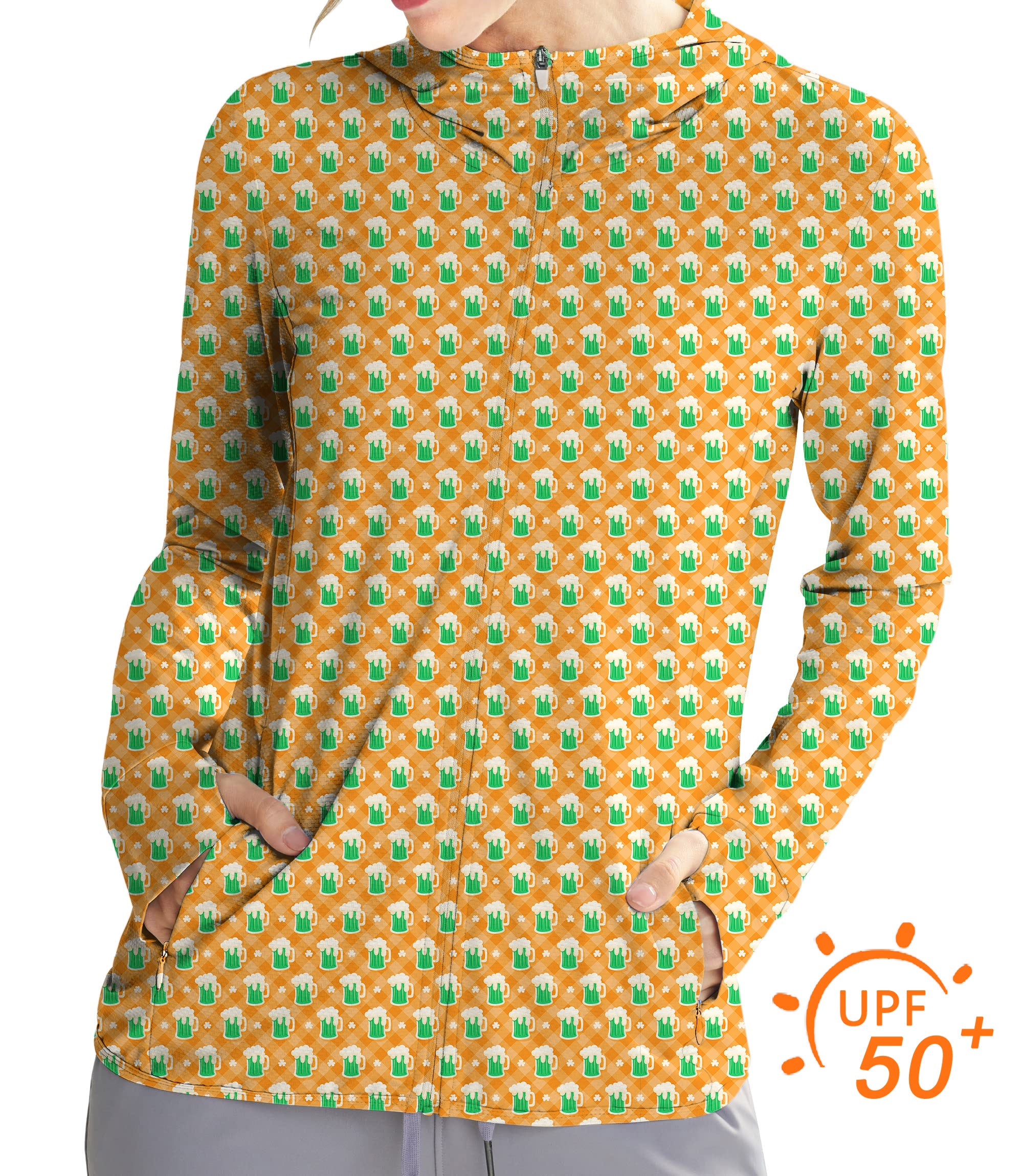 Women's Outdoor Green beer and clover leaf St. Patrick's Day Golf Sun Protection Slim Fit zip hoodies