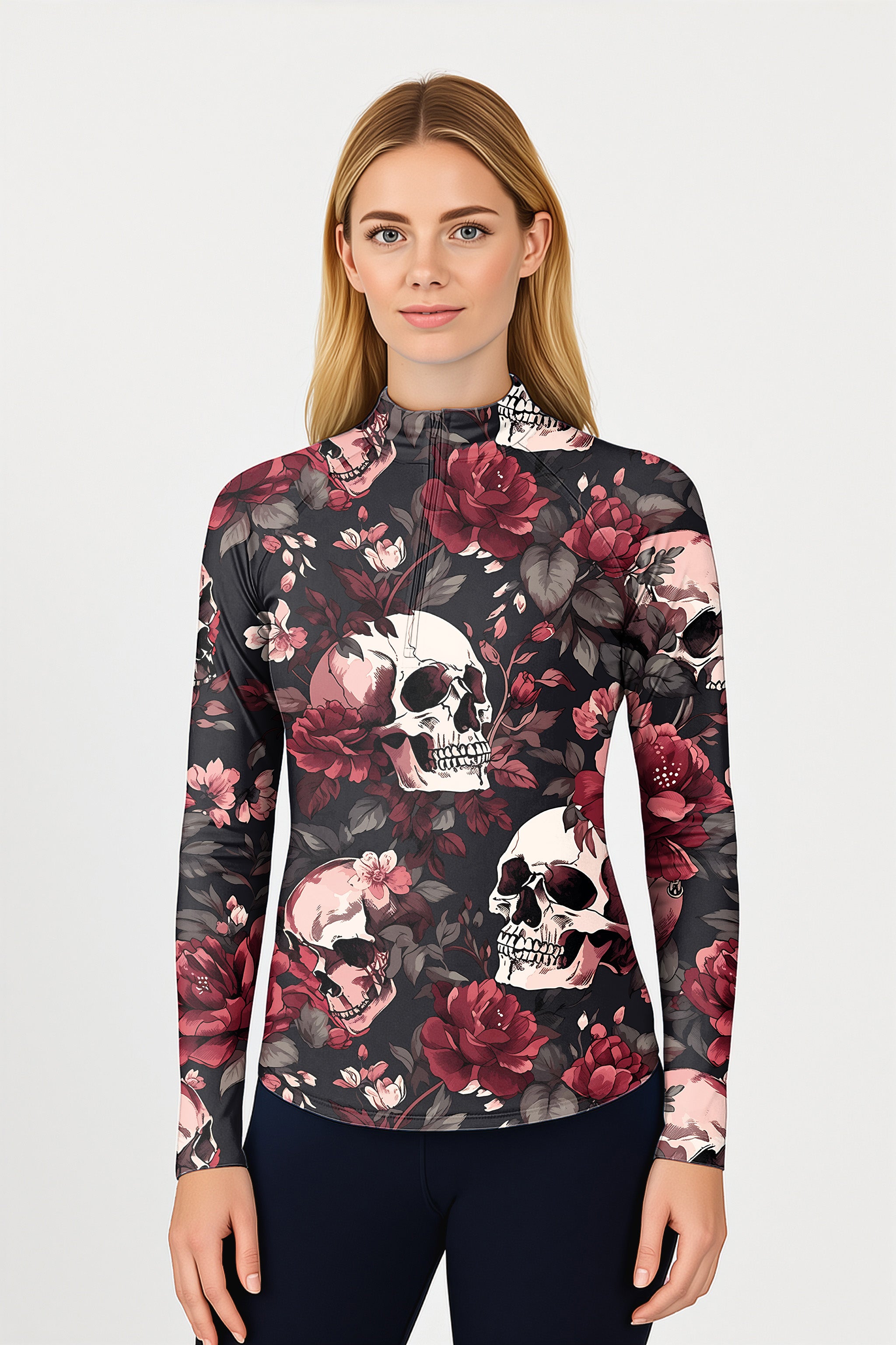 Halloween floral skull  Women's Golf Active 3/4 Zip Top