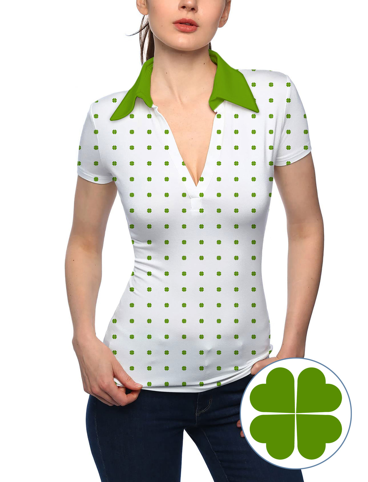 Women's Lucky Four-Leaf Clover V Neck Golf Polo