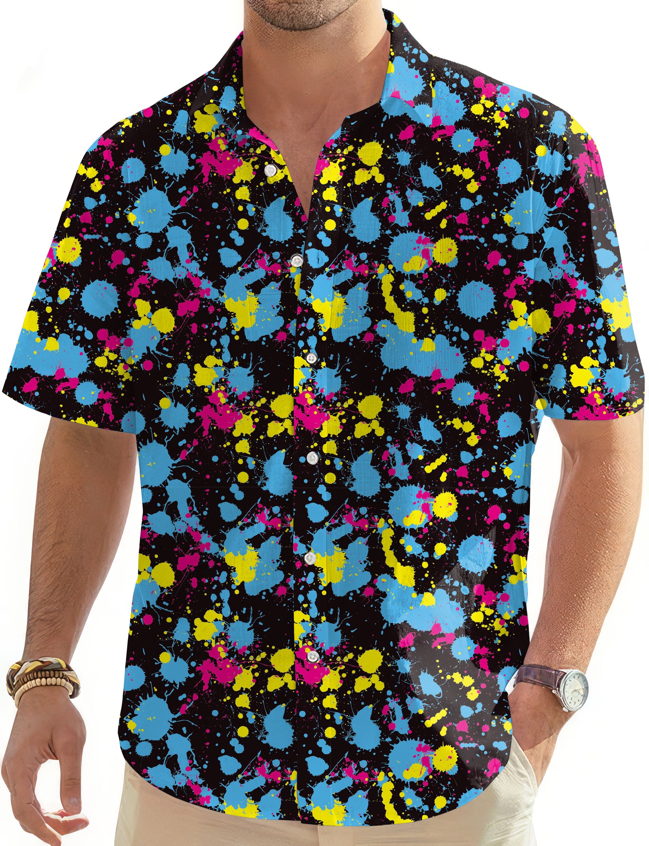 V2 Paint Splatter-Men's Golf Hawaiian Shirts Button Down Shirt