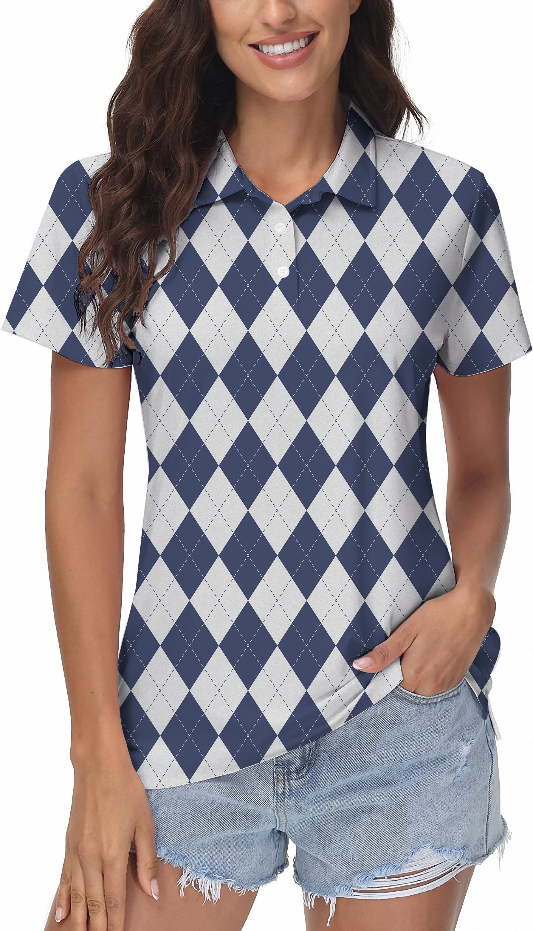 Women's Blue diamond grid Golf Polo