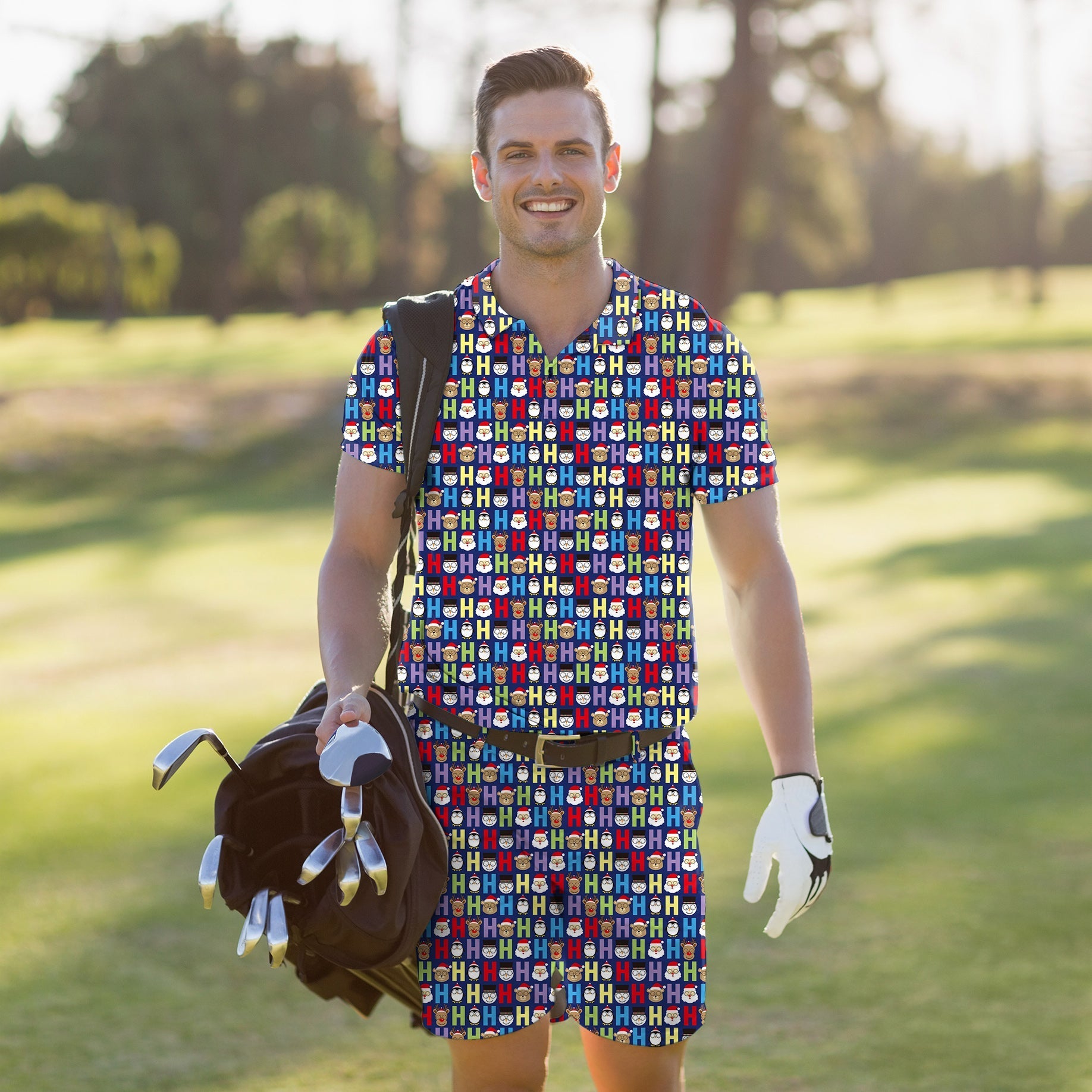 Men's Golf Set with Polo and Shorts featuring Christmas cartoon elk pattern, stretchy moisture-wicking fabric, wrinkle-resistant, UPF 40+ protection, and classic fit.