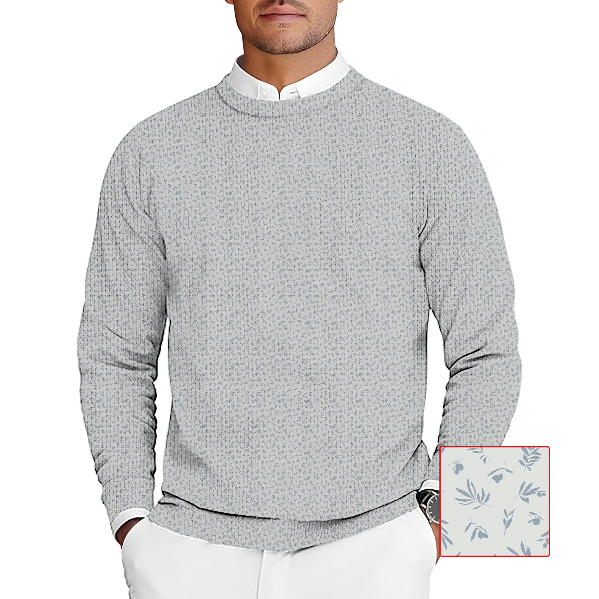 Men's golf crewneck pullover sweater with subtle leaves and fruits pattern, customizable for team uniforms