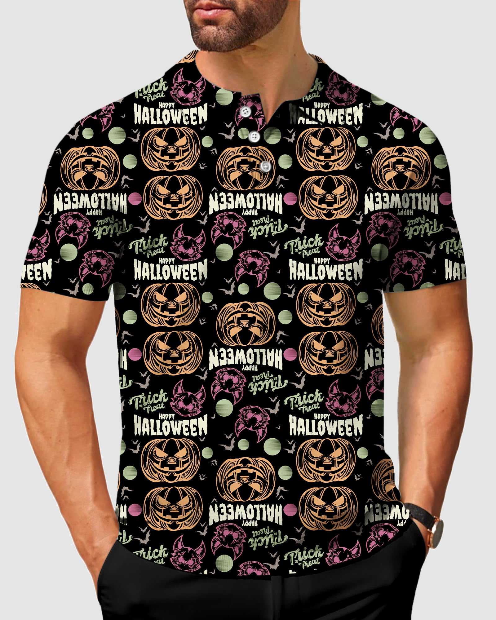 Men's Happy Halloween Colorful Pumpkin Polo