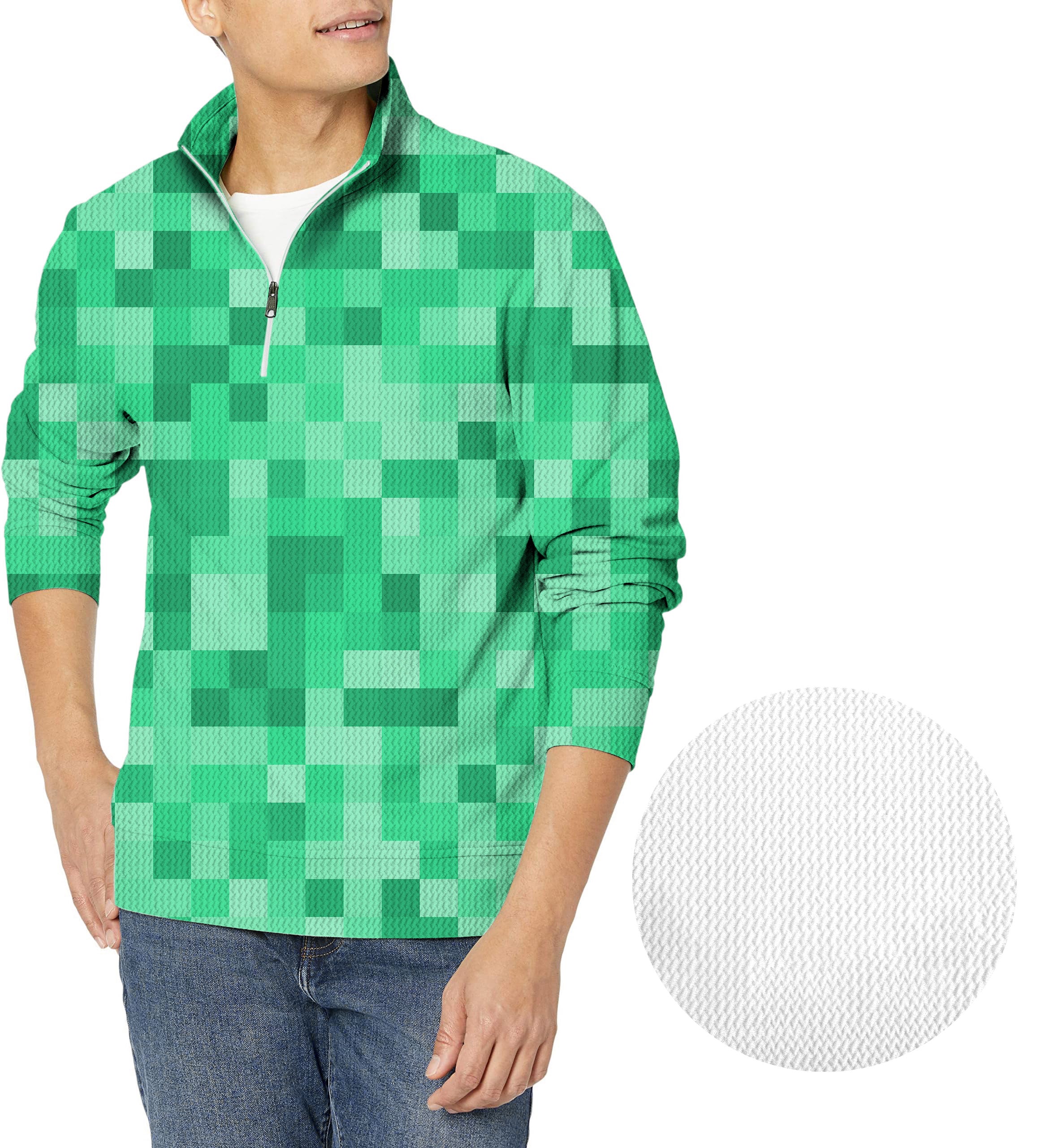 Green Pixel Big Men's Golf Waffle Zipper Pullover