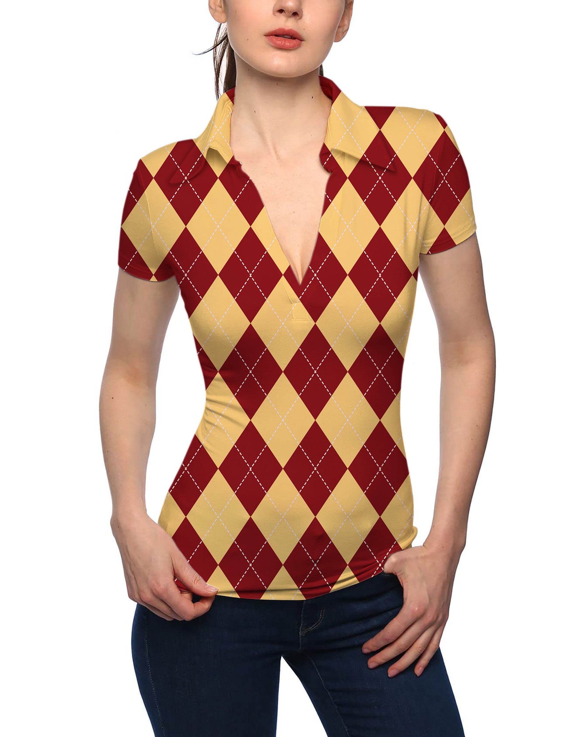 Women's yellow red Argyle V Neck Golf Polo