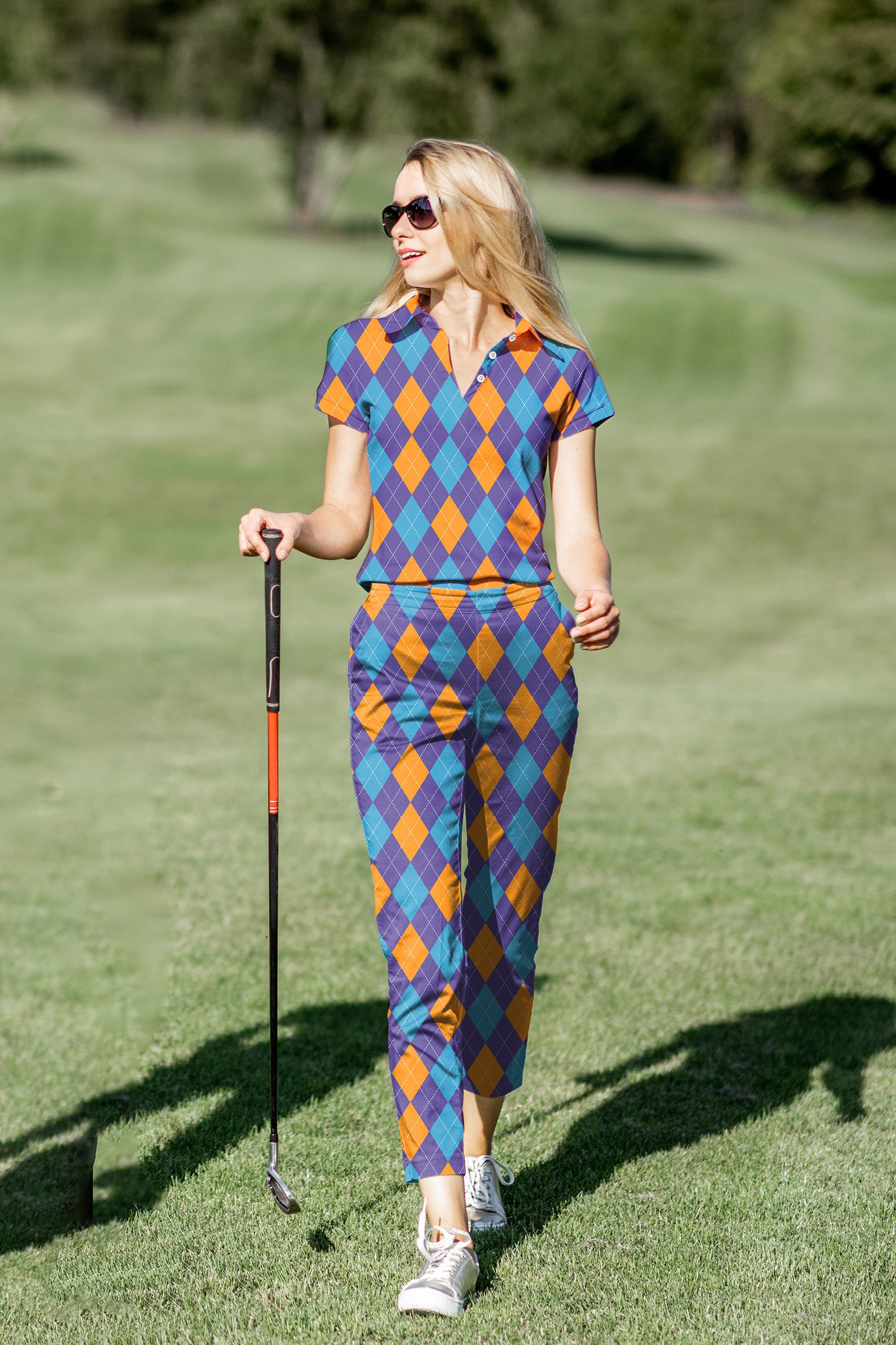 Women's Golf Polo+Pants Set Purple orange blue Argyle