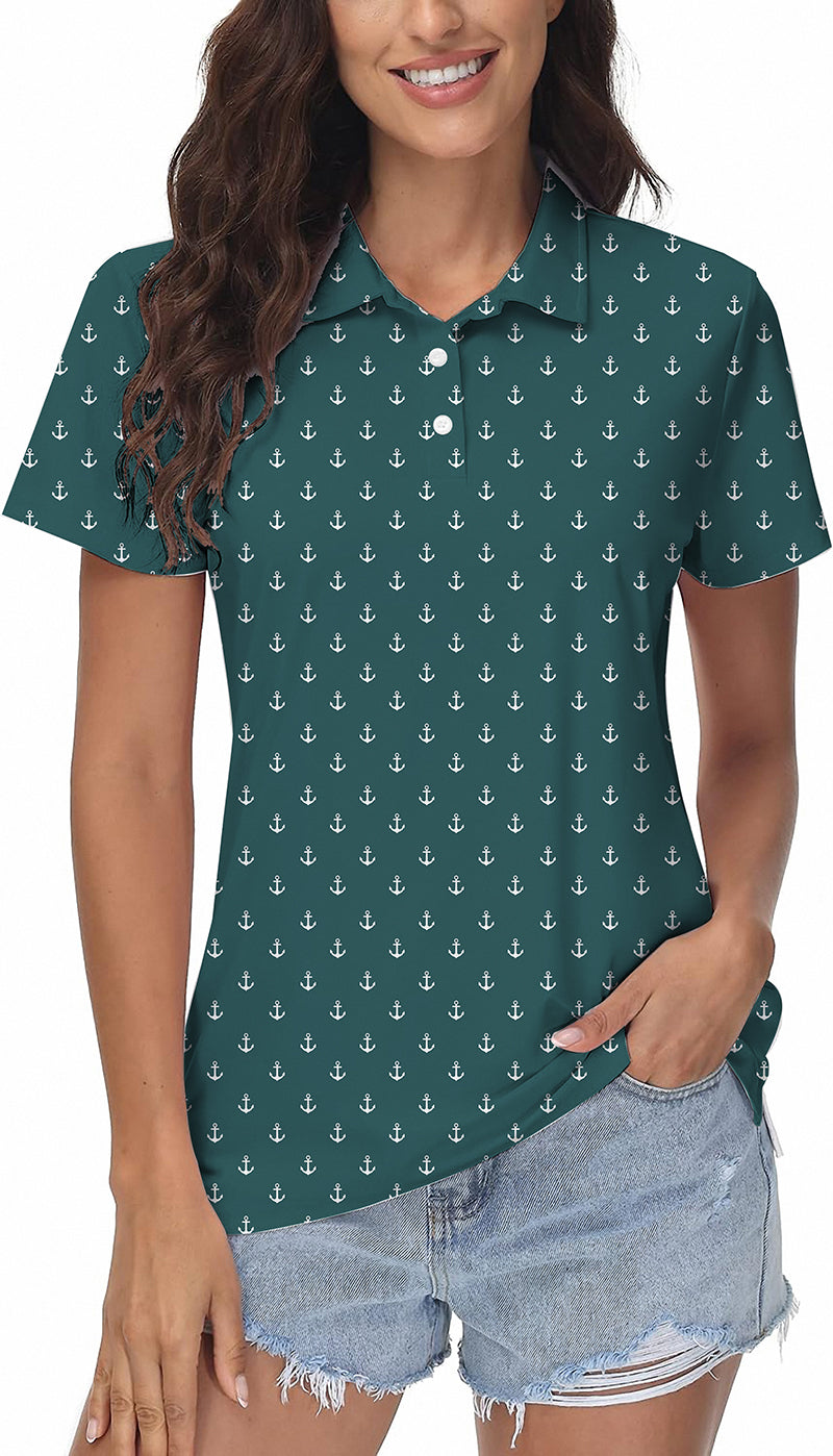 Lime Anchor Women's Golf Polo with anchor print, four-way stretch, moisture-wicking fabric, UPF 40+ protection, wrinkle-resistant, classic fit and stay-right collar.