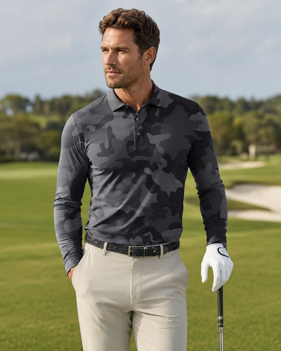 Men's Black camouflage golf Long-sleeved Polo