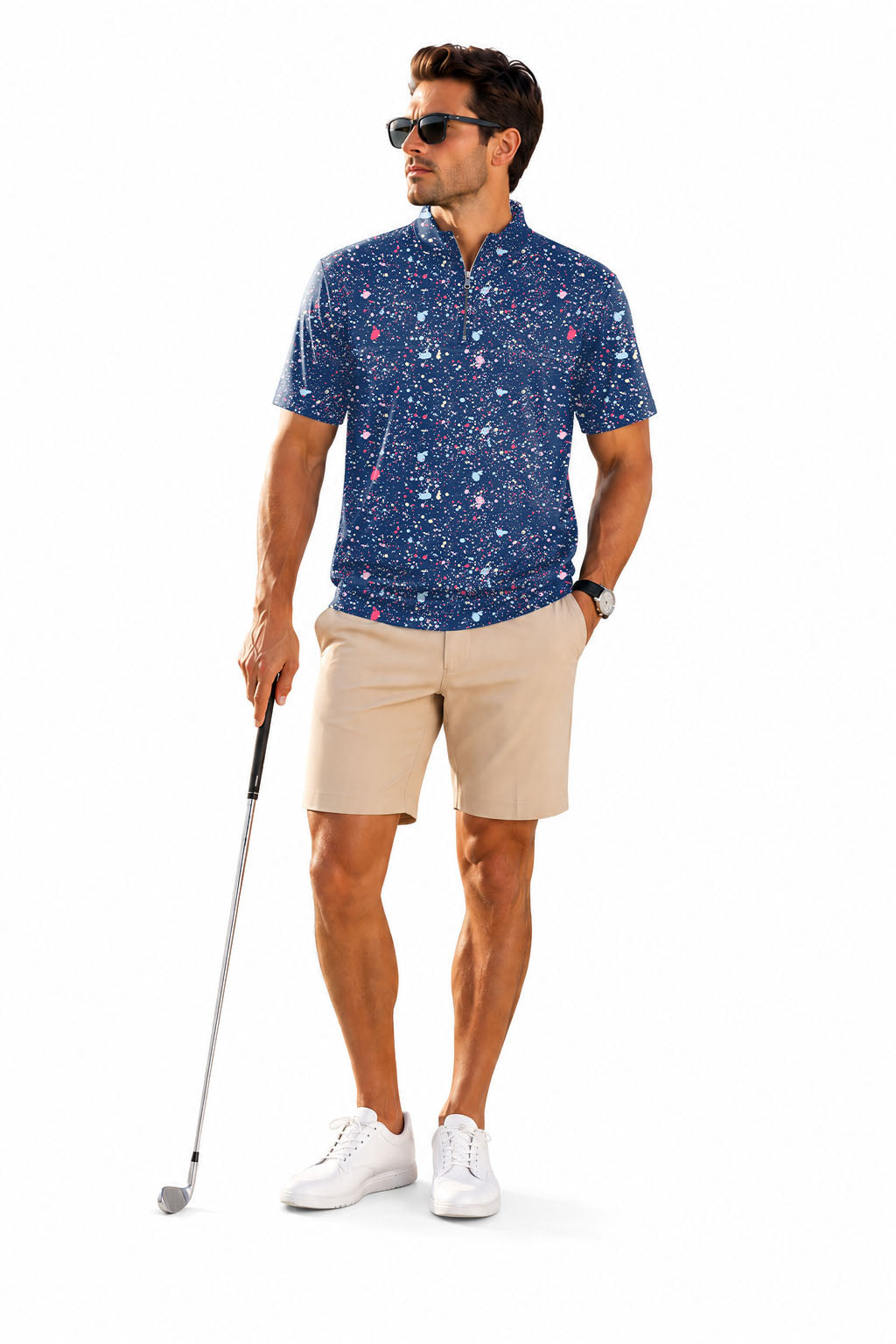 Men's Short Sleeve Quarter Zip Golf Pullover   Navy Blue Ink Dots Embroidery