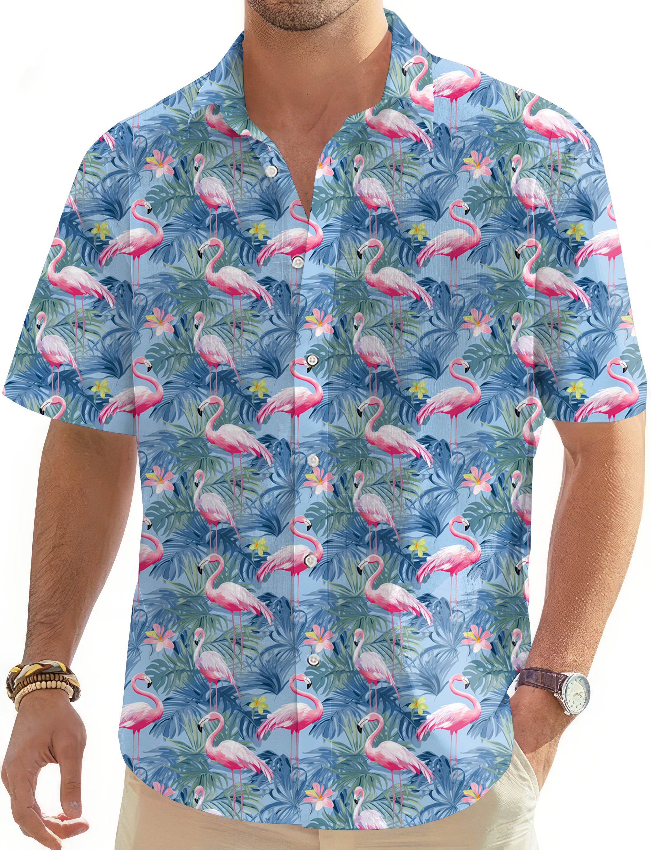 Tropical birds pink flamingo-Men's Golf Hawaiian Shirts Button Down Shirt