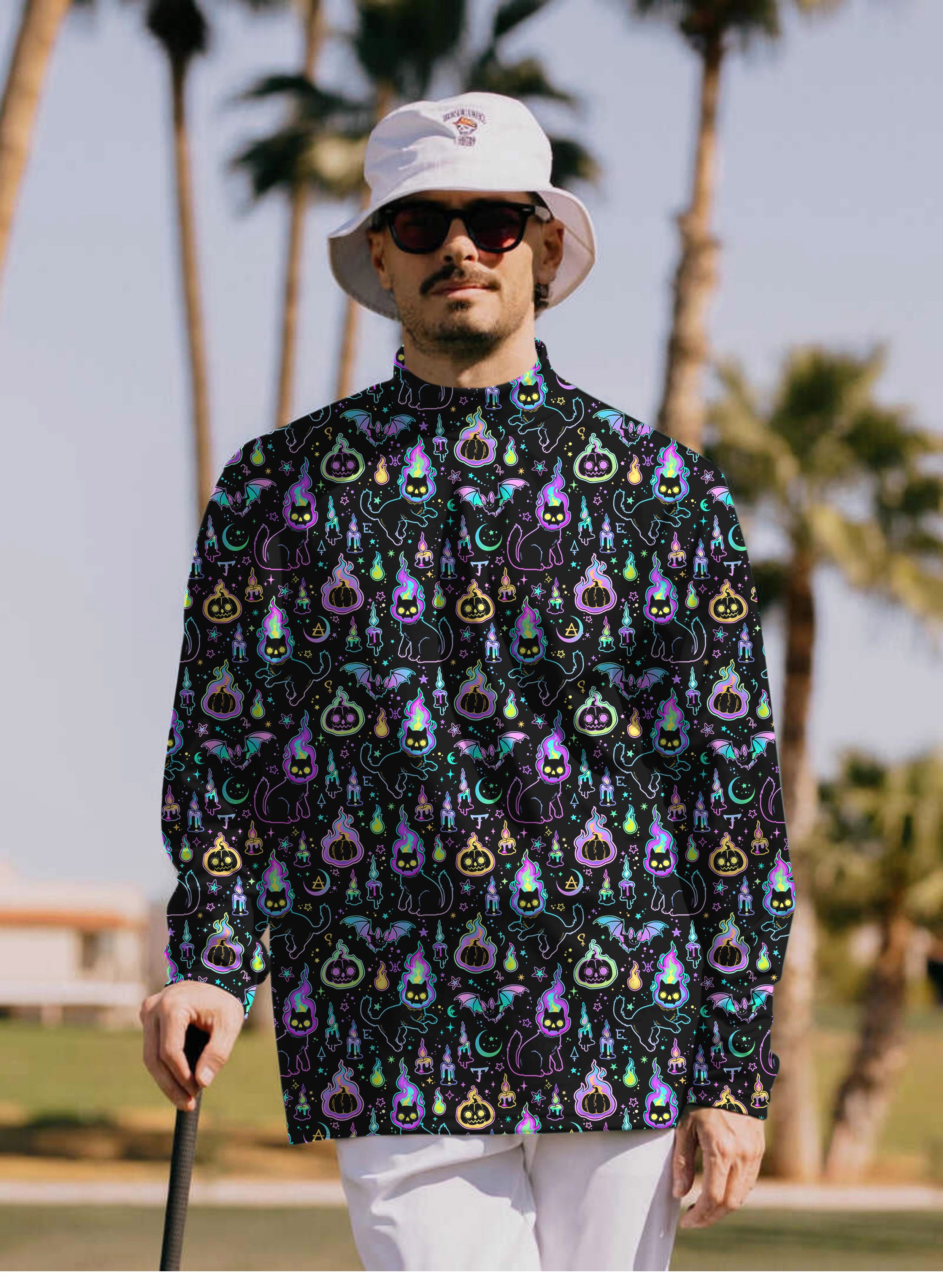 Men's Halloween Ghost Pumpkin Cat Pullover High neck Long/Short sleeve T-Shirt