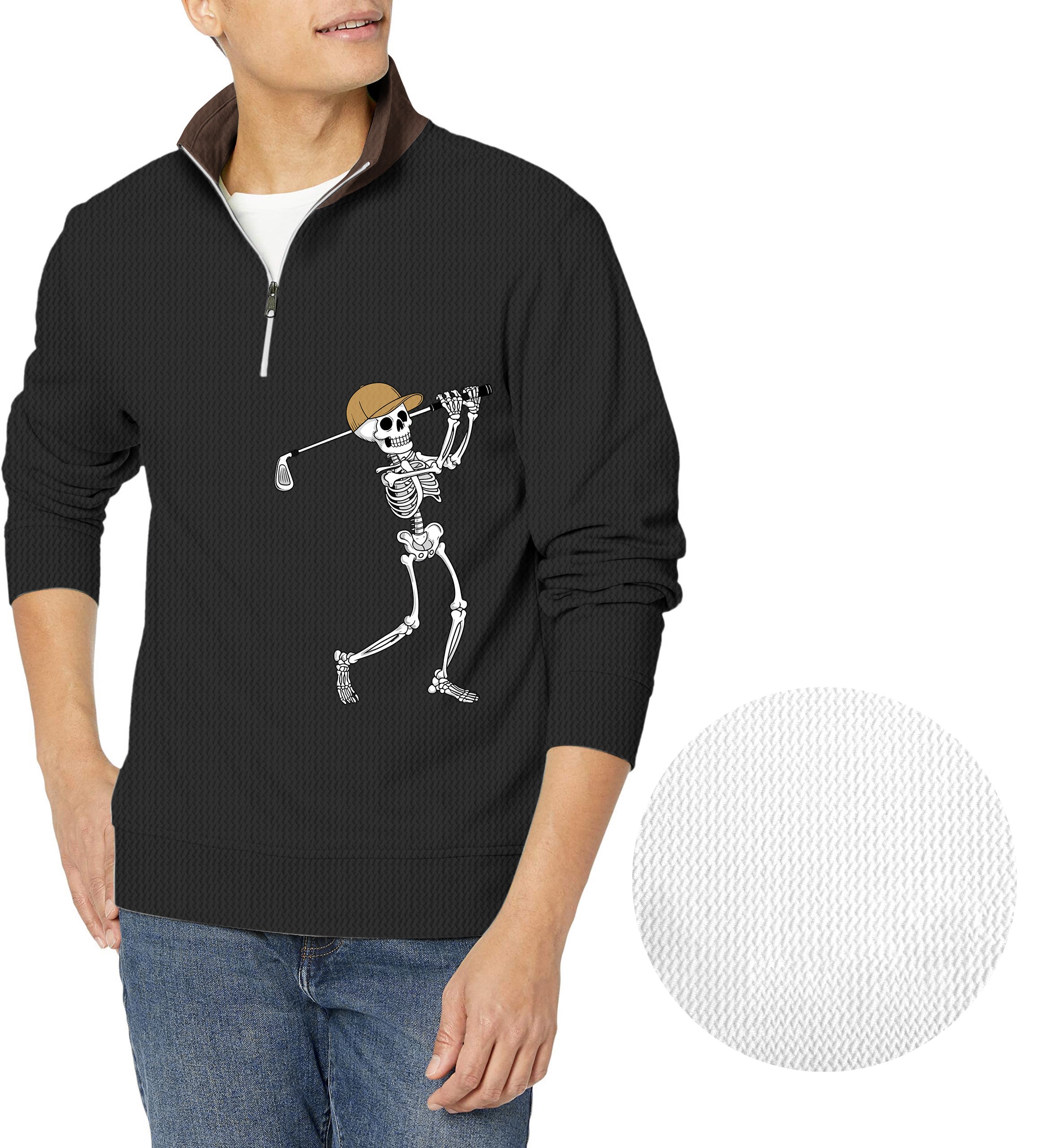 Brown Black Halloween Skeleton Golf Men's Golf Waffle Zipper Pullover