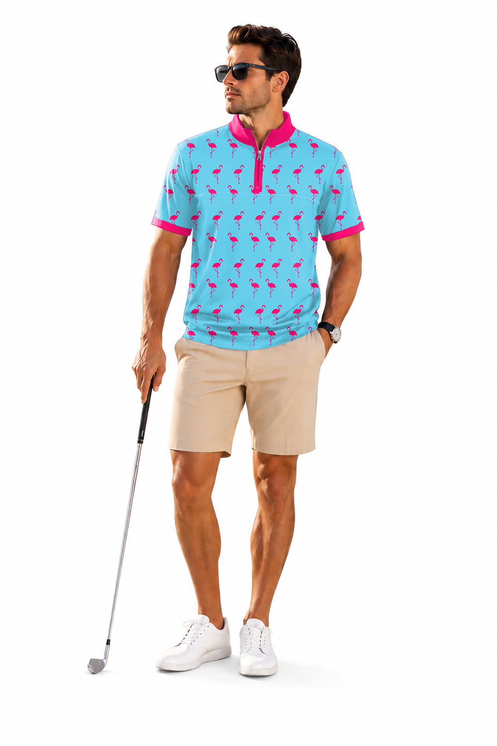 Men's Short Sleeve Quarter Zip Golf Pullover Flamingo Embroidery