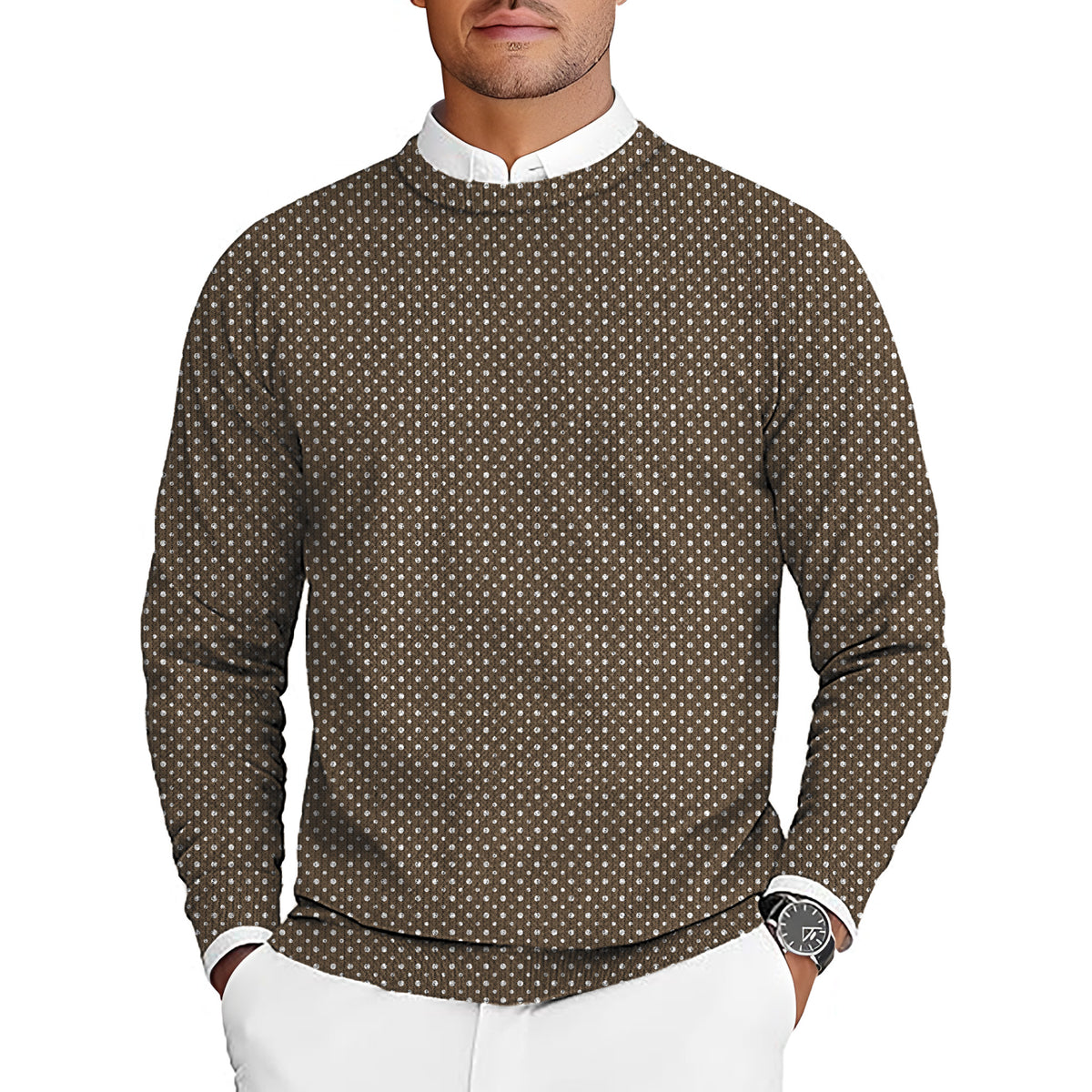 white polka dot brown Men's Golf Crewneck Pullover Sweaters Ugly Sweater
