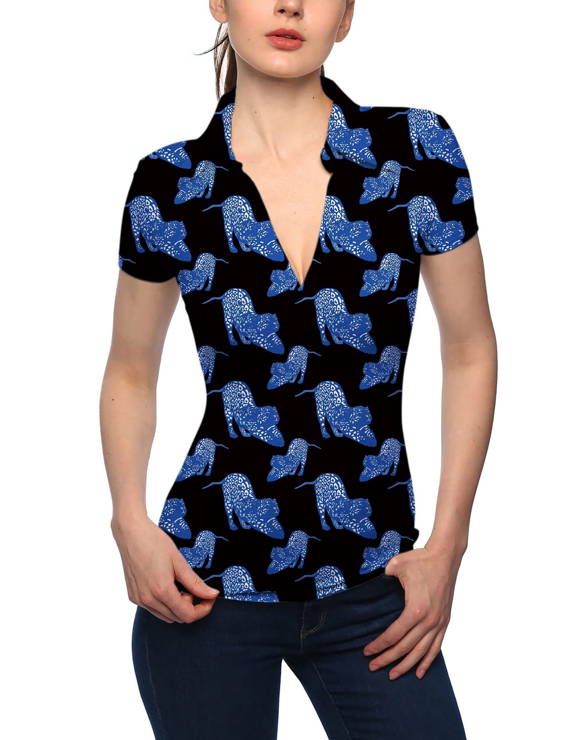 Women's Blue Jaguar V Neck Golf Polo
