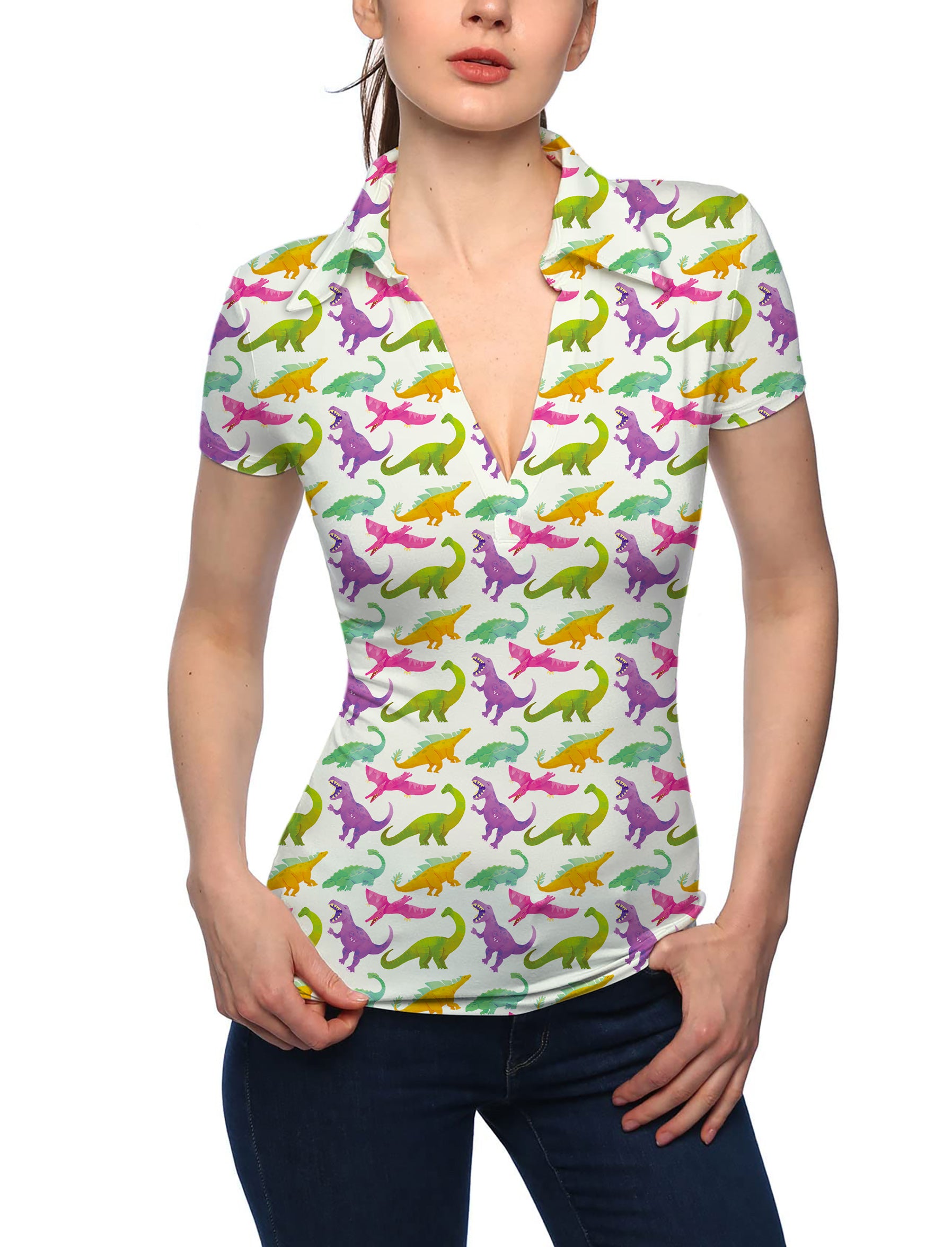 Women's dinosaurs V Neck Golf Polo