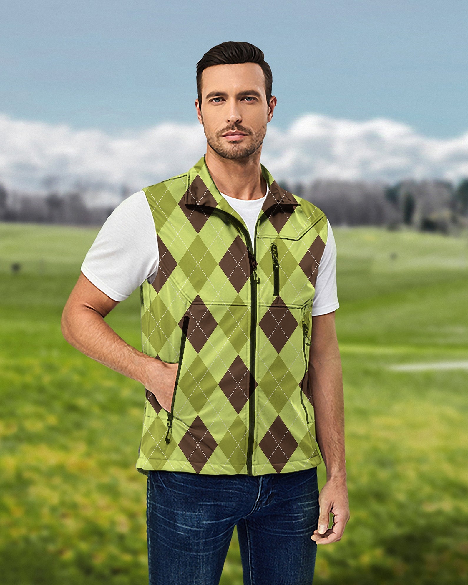 Men's Yollow Argyle Lightweight Softshell Vest Sleeveless Jacket for Golf Windproof Waterproof
