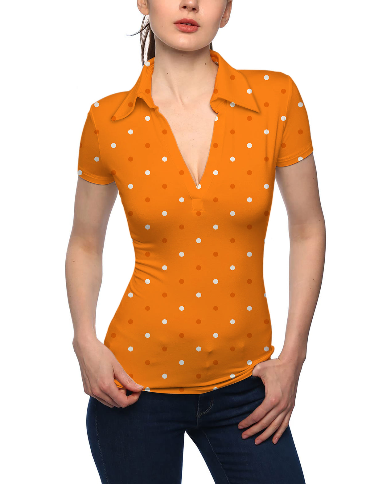 Women's Halloween yellow and white polka dots V Neck Golf Polo