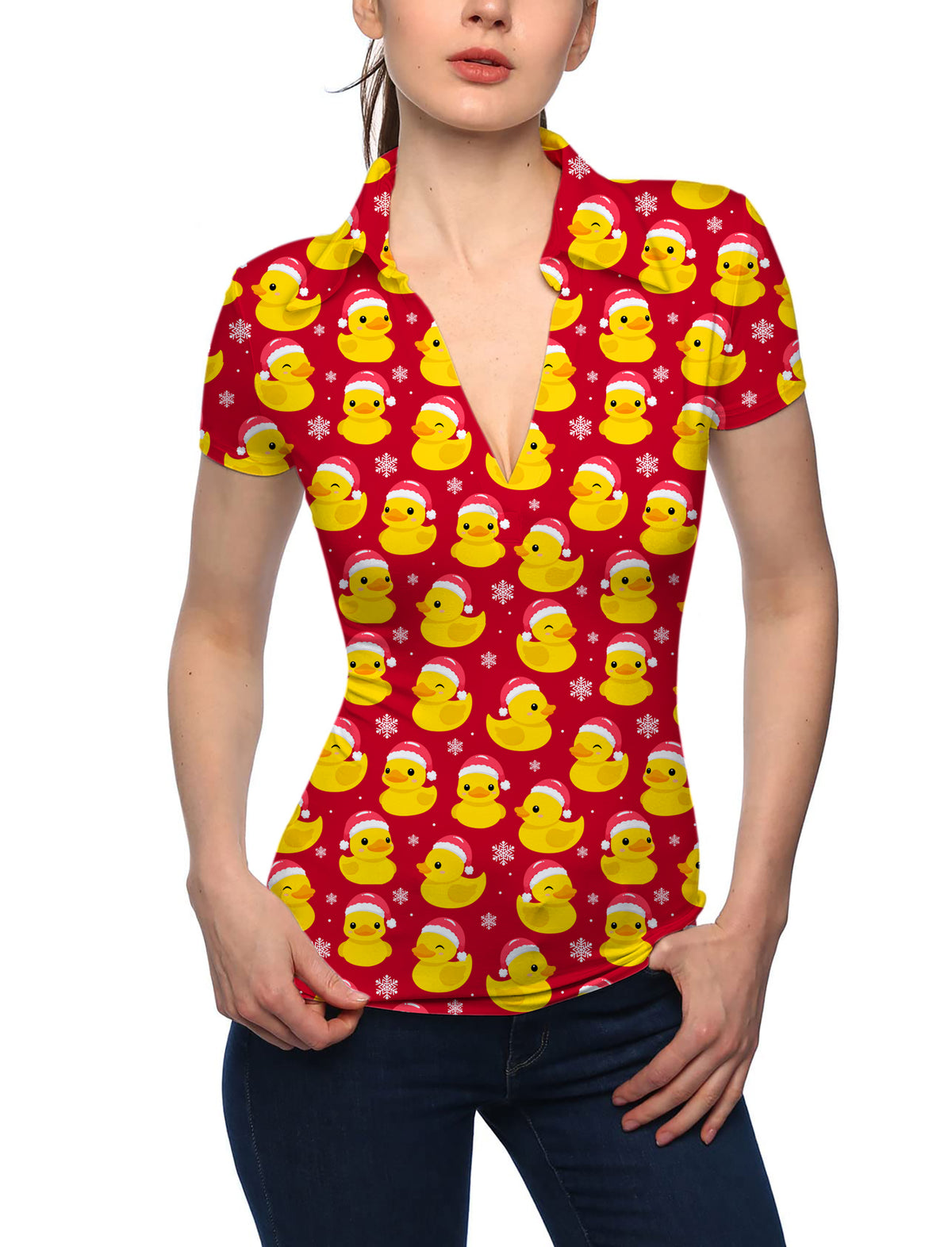 Women's Christmas Yellow Duck V Neck Golf Polo