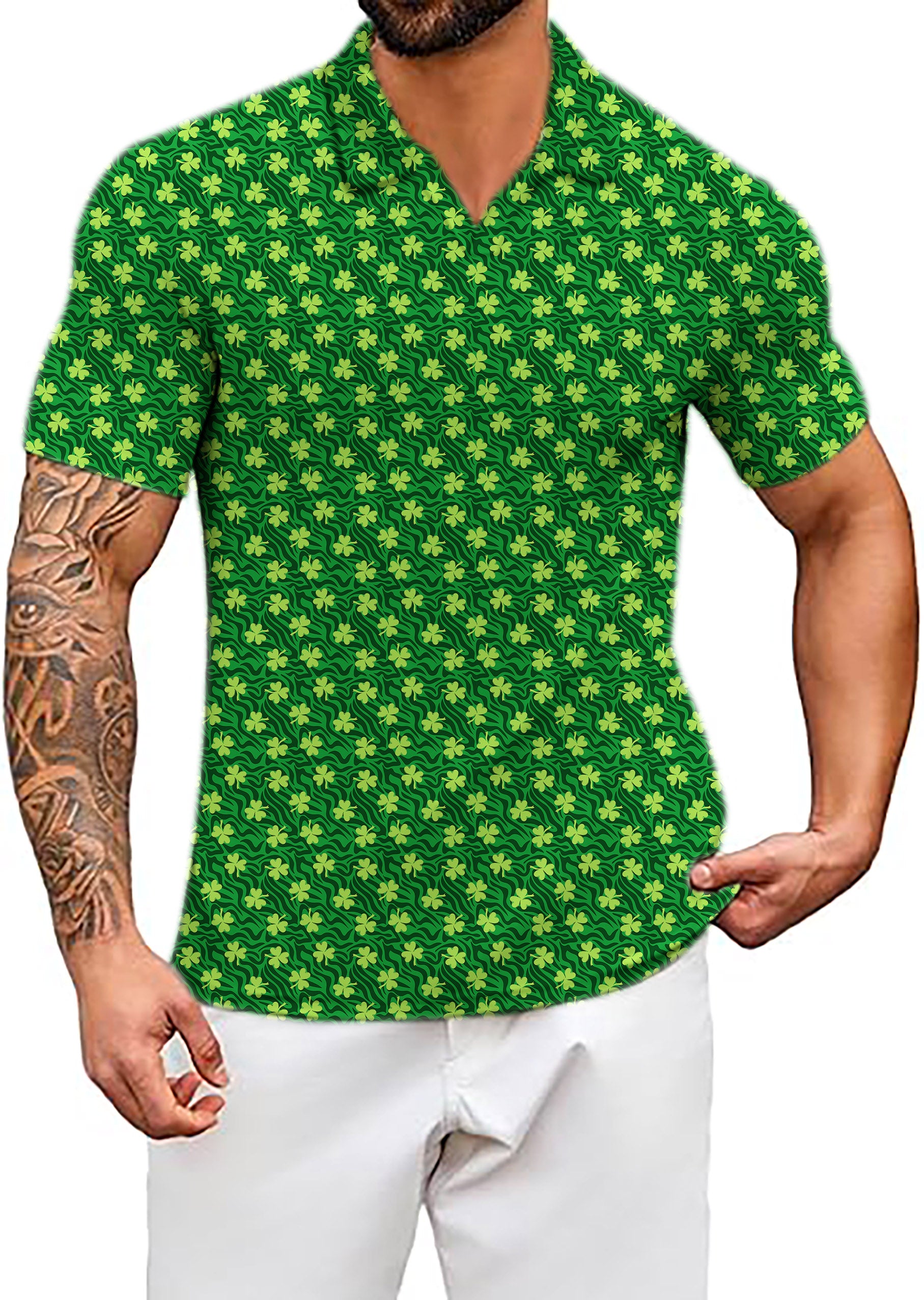 Men's Leaf clover Green zebra St. Patrick's Day V Neck Golf Polo Shirts