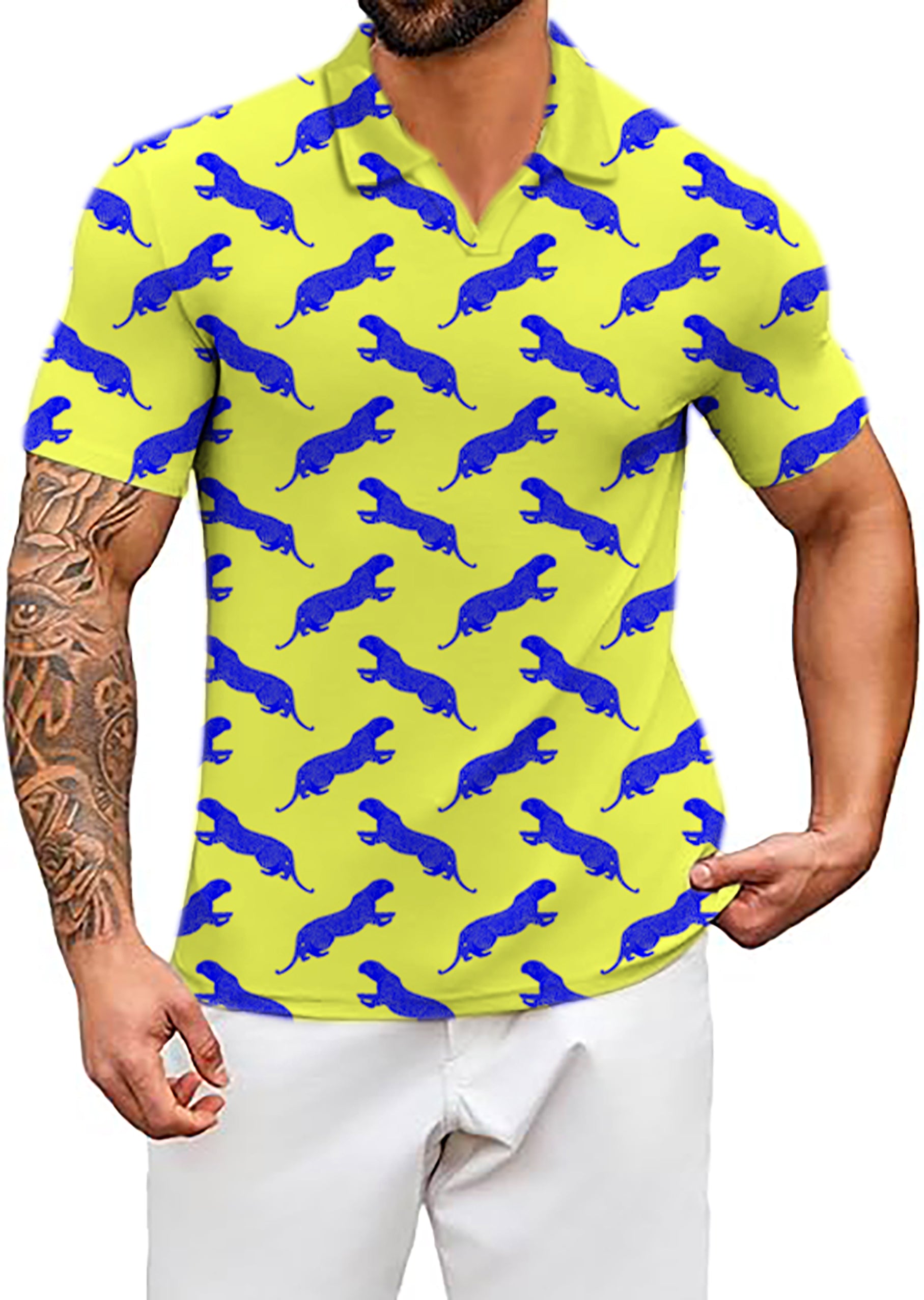 Men's blue leopard V Neck Golf Polo Shirts