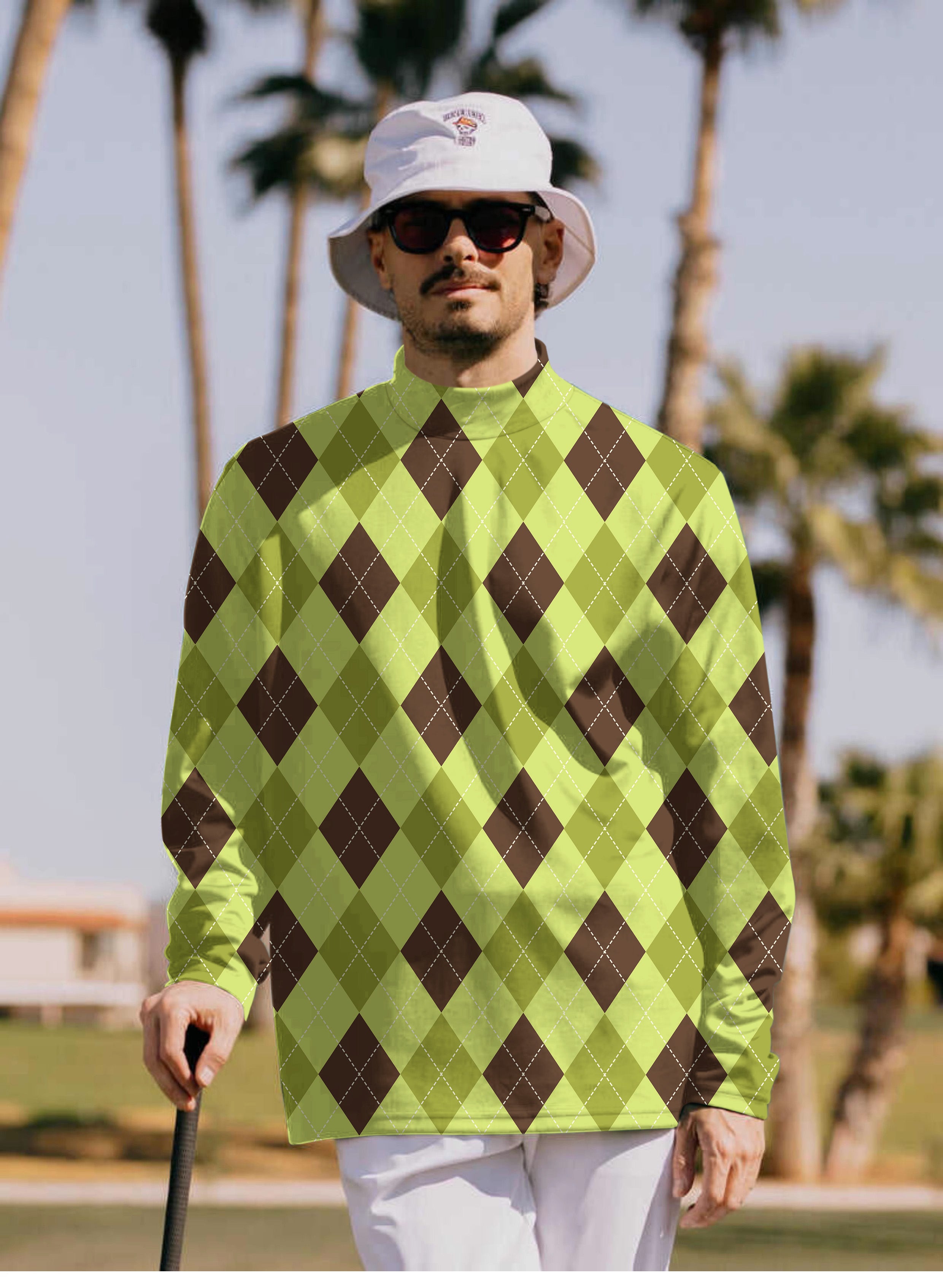 Men's Yollow Argyle Pullover High neck Long/Short sleeve T-Shirt