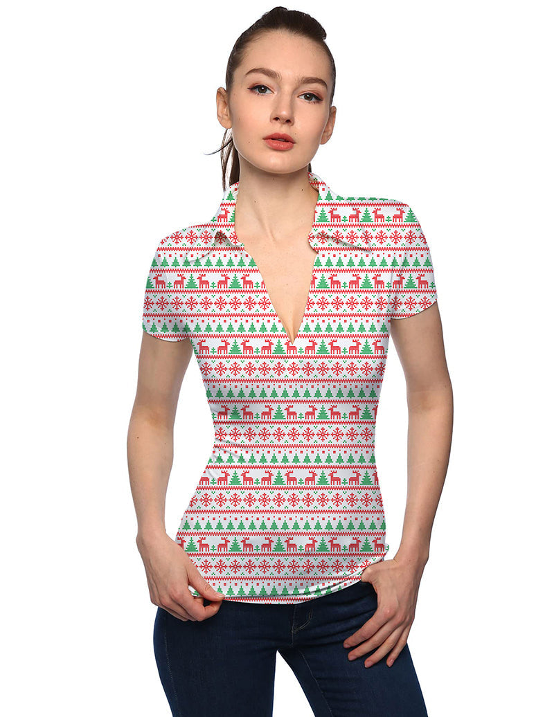 Women's Christmas golf polo with V-neck and festive red and green tree pattern