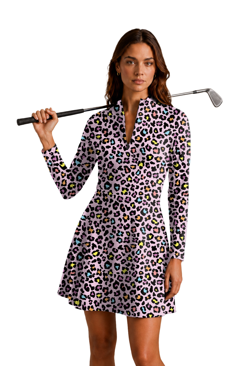 Leopard Women's Golf Long Sleeve Zipper Dresses Comes with separate matching shorts