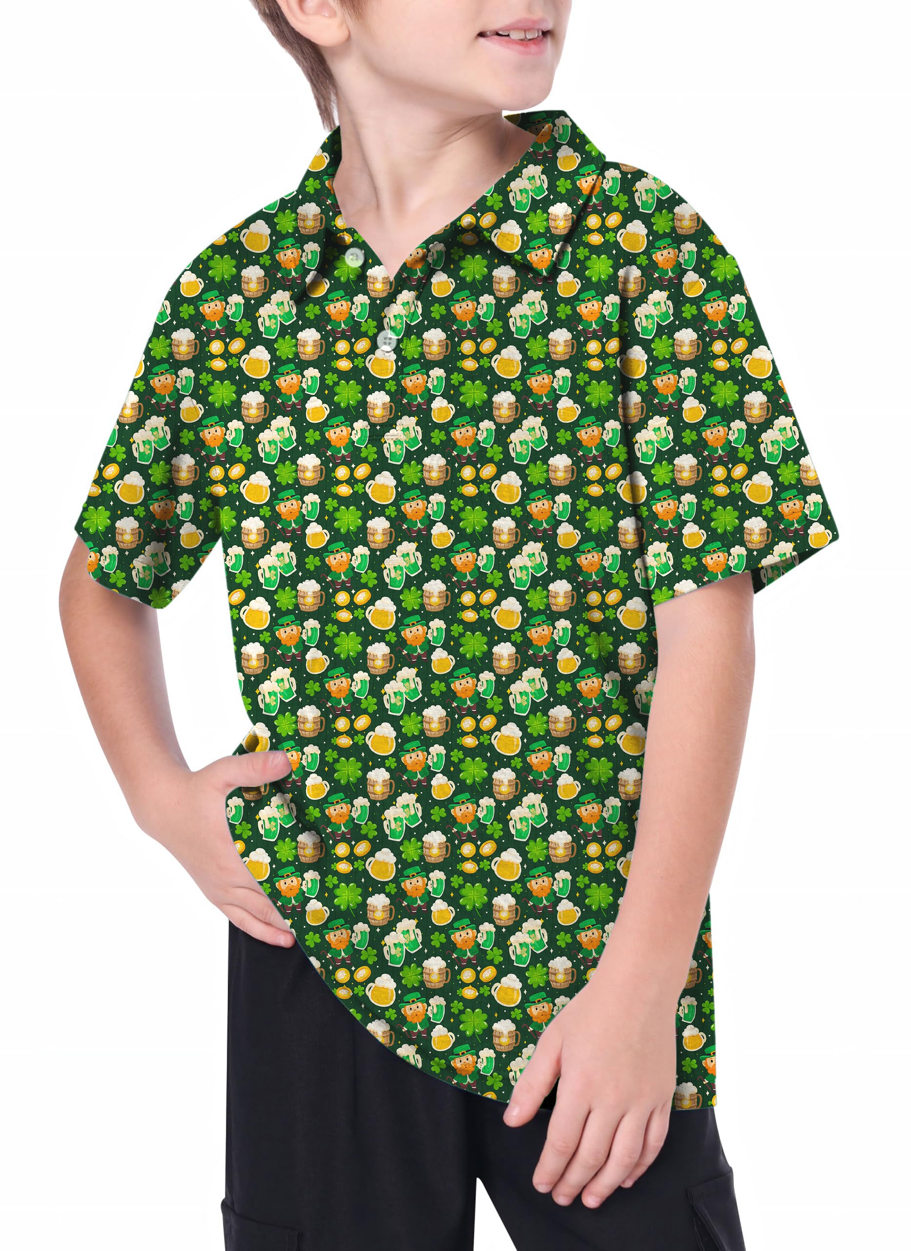 Youth Green beer clover leaf St. Patrick's Day Golf Polo