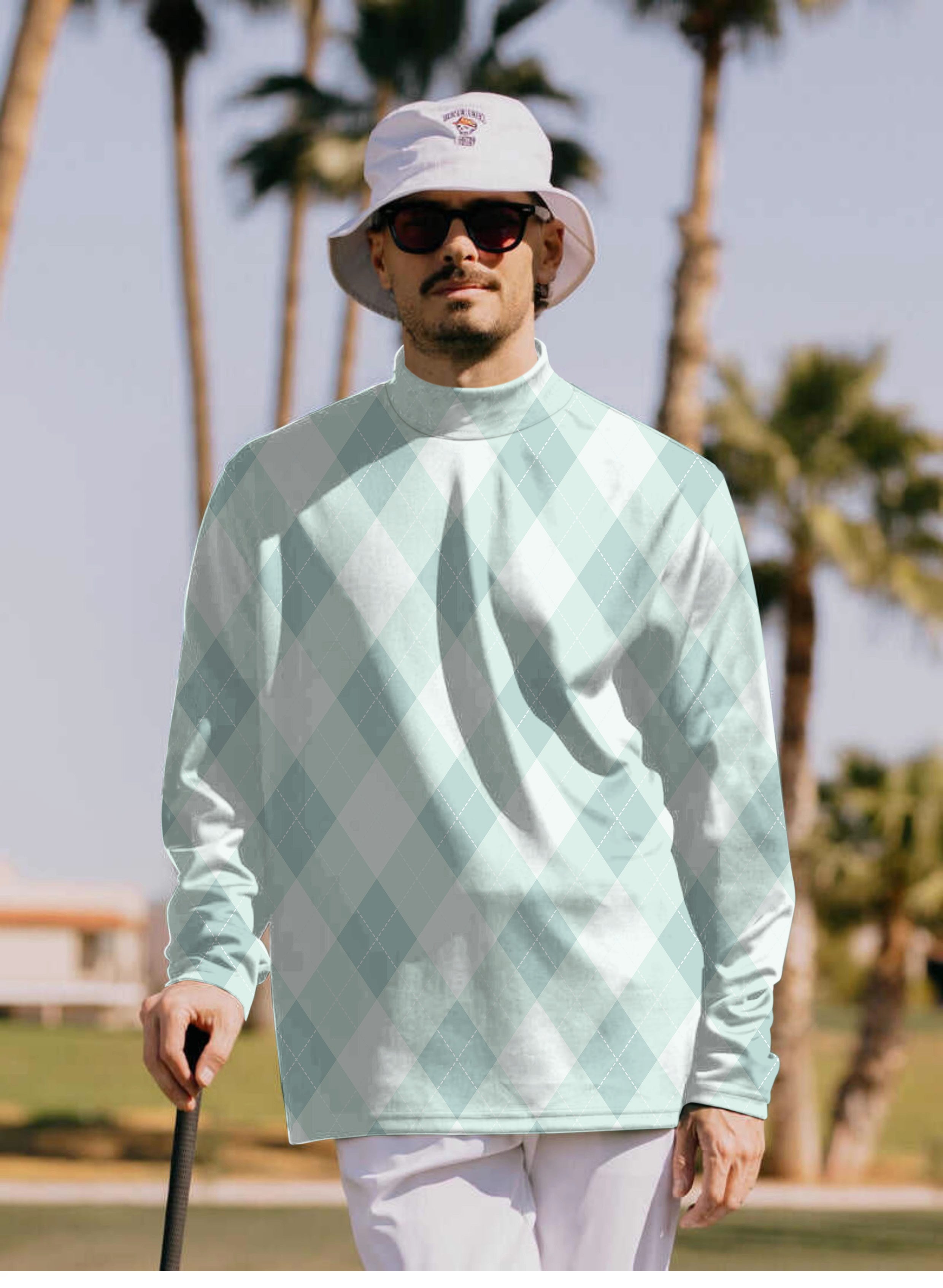 Men's Green Argyle Pullover High neck Long/Short sleeve T-Shirt