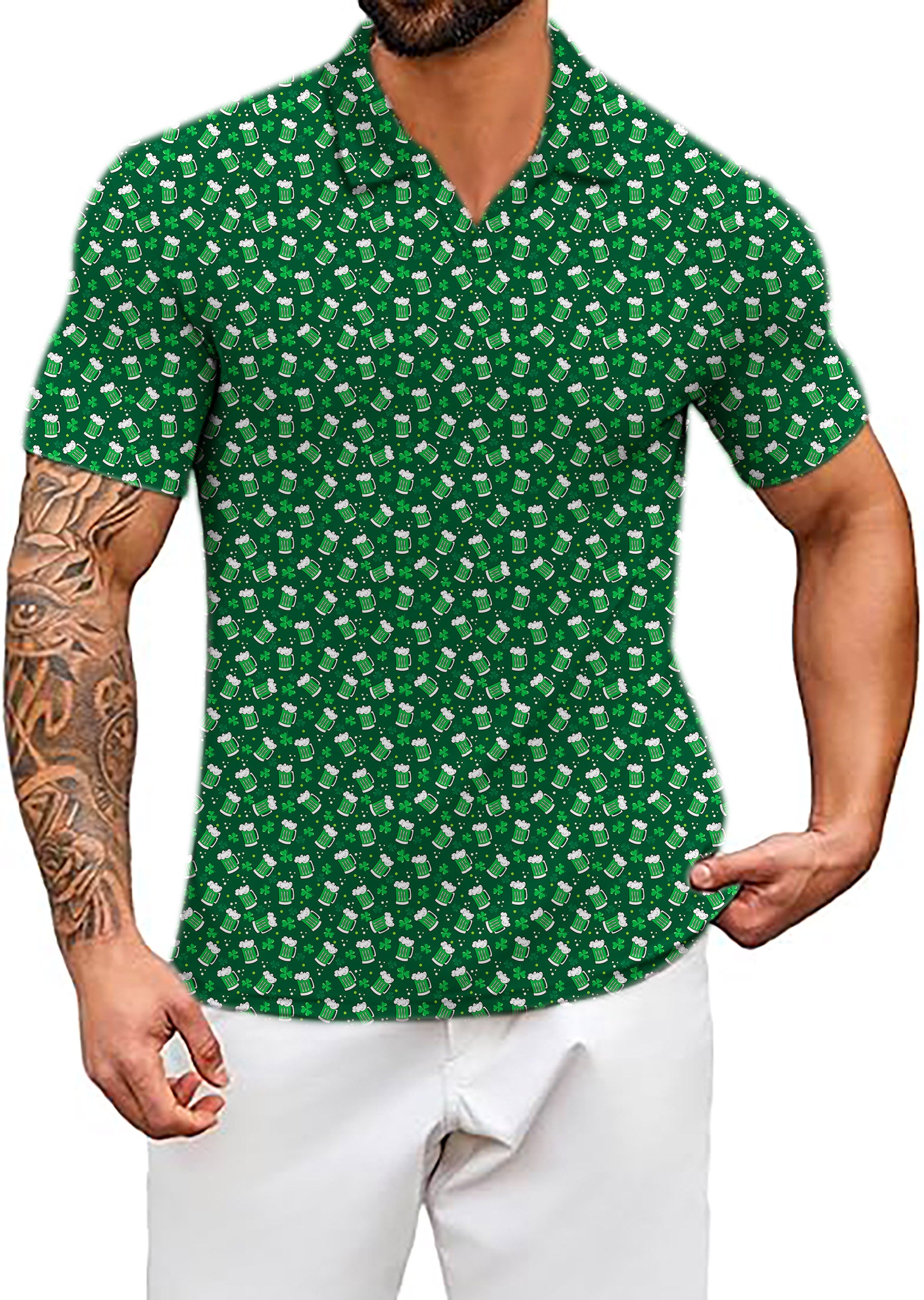 Men's Green beer clover leaf St. Patrick's Day V Neck Golf Polo Shirts