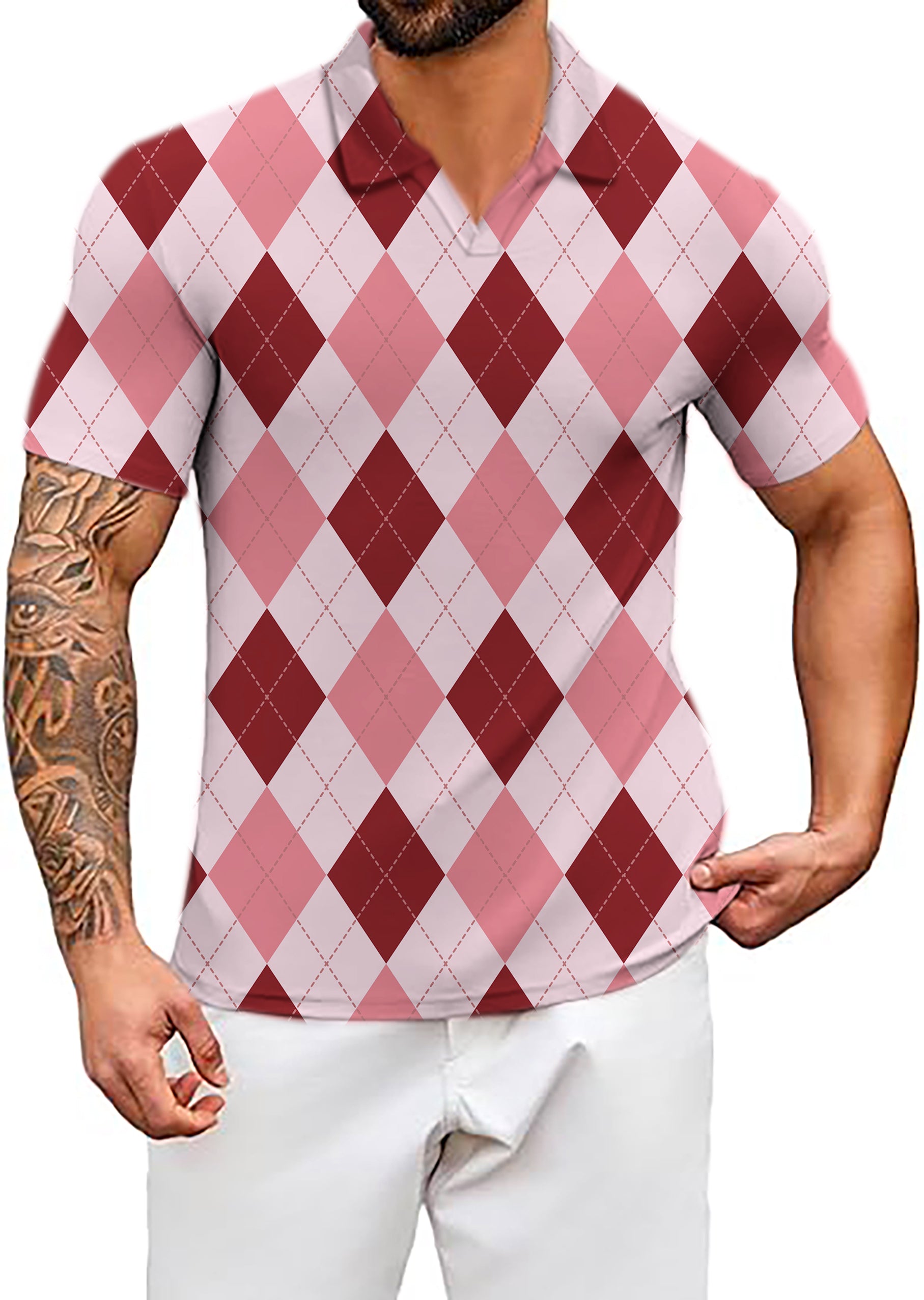 Men's pink Argyle V Neck Golf Polo Shirts