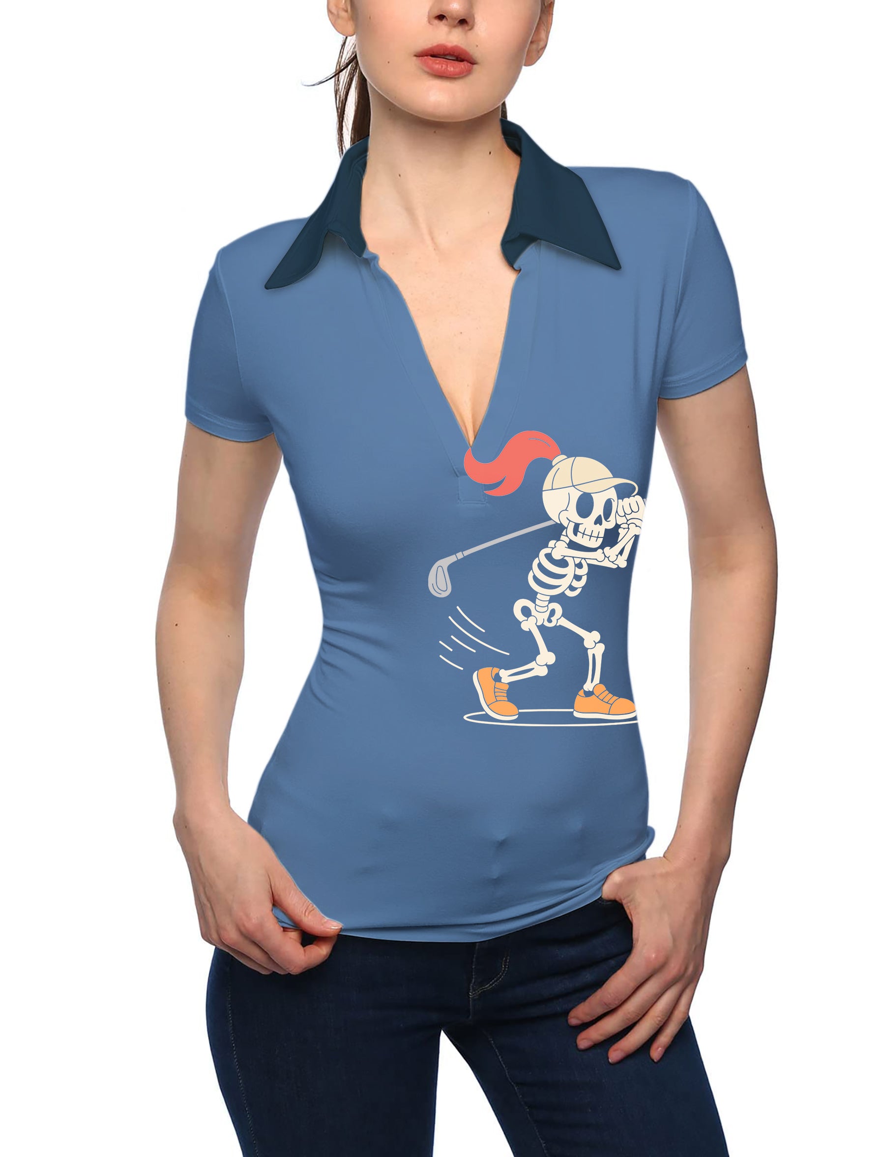 Women's Pumpkin Blue Halloween Skeleton Golf V Neck Golf Polo