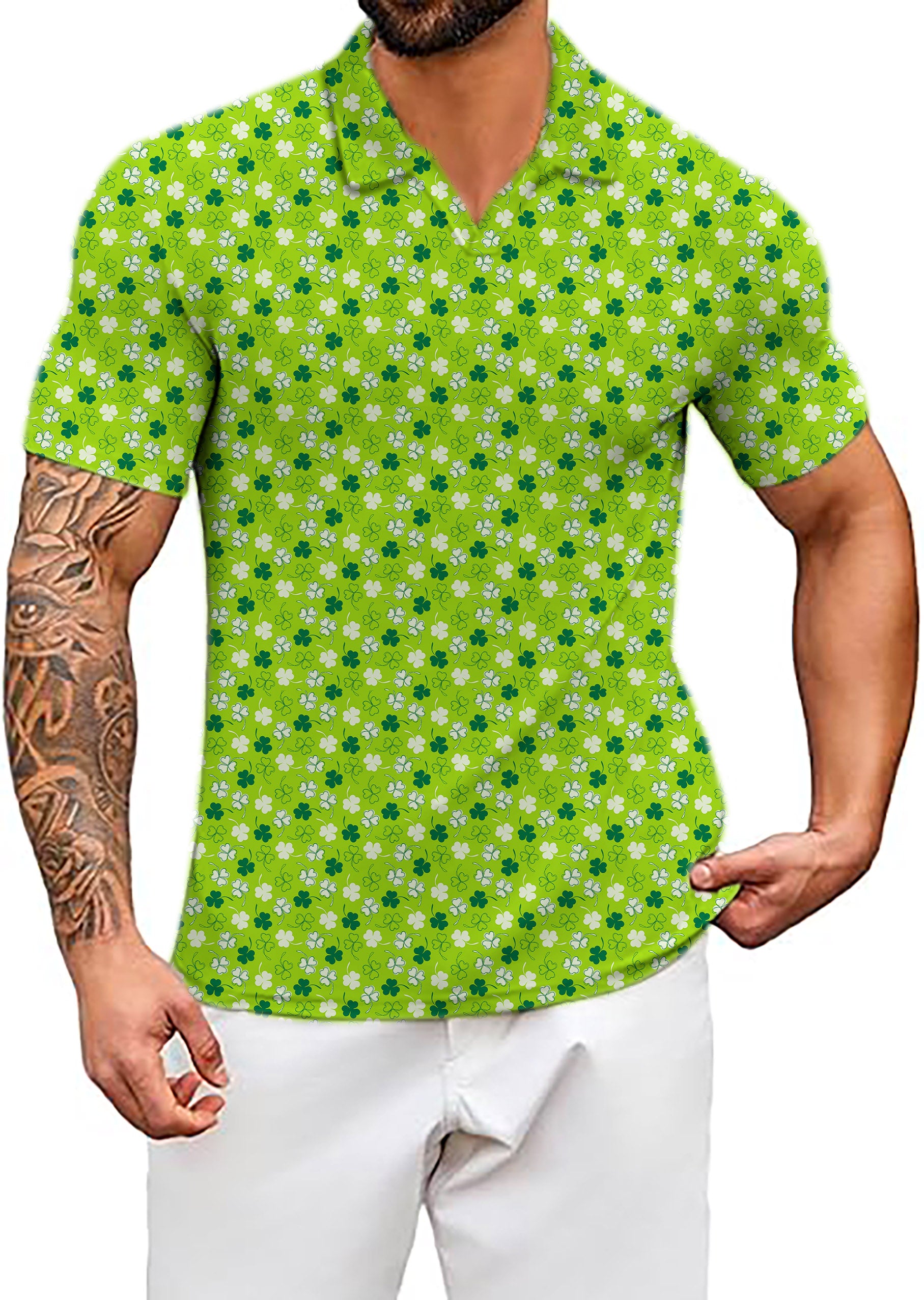 Men's Leaf clover St. Patrick's Day V Neck Golf Polo Shirts