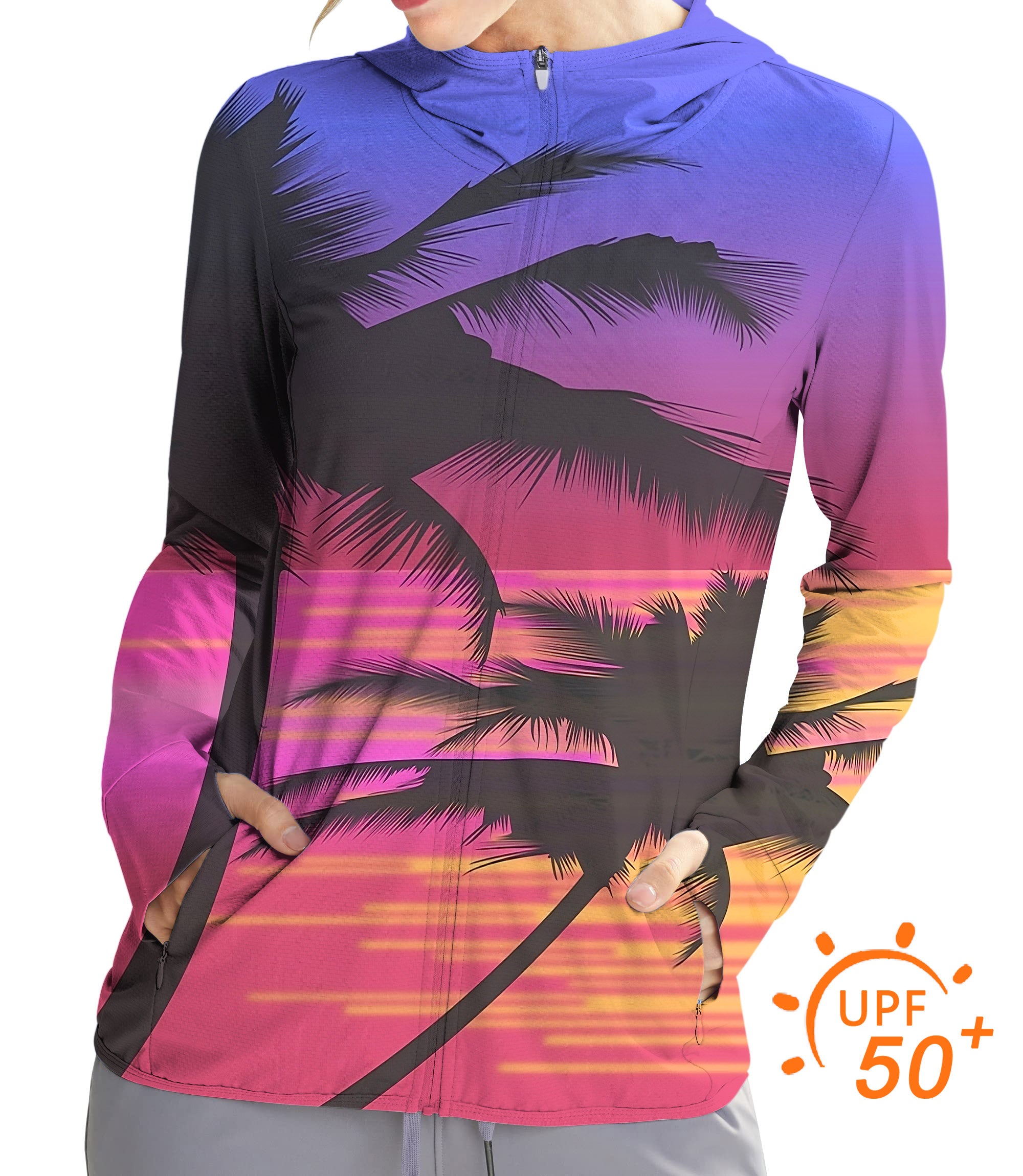 Women's Outdoor Red Sunset Palm Tree Golf Sun Protection Slim Fit zip hoodies