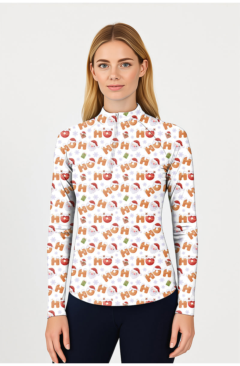 Women wearing Christmas Gingerbread HO long sleeve golf active 3/4 zip top with festive print