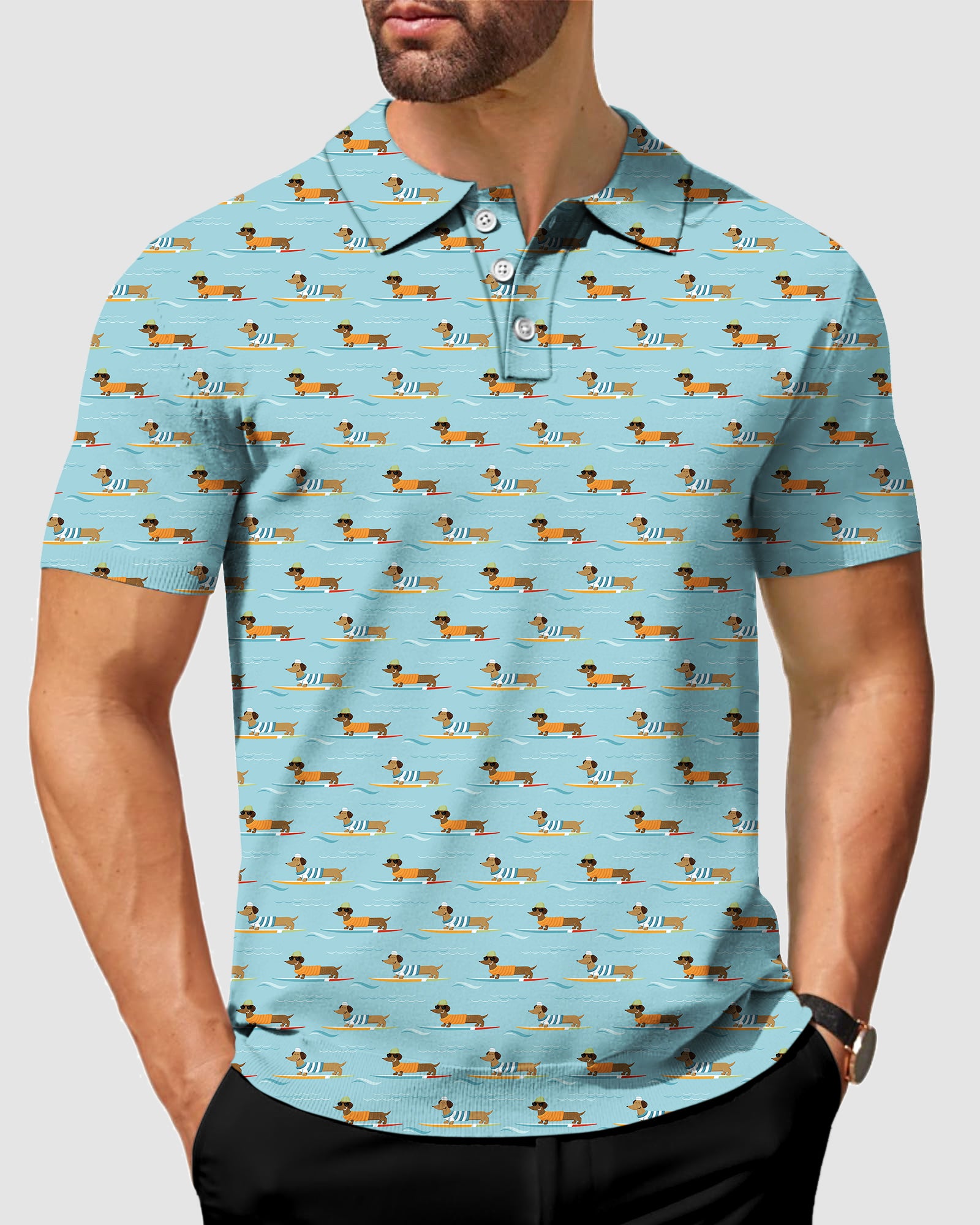 Men's Dachshund Surfing Polo