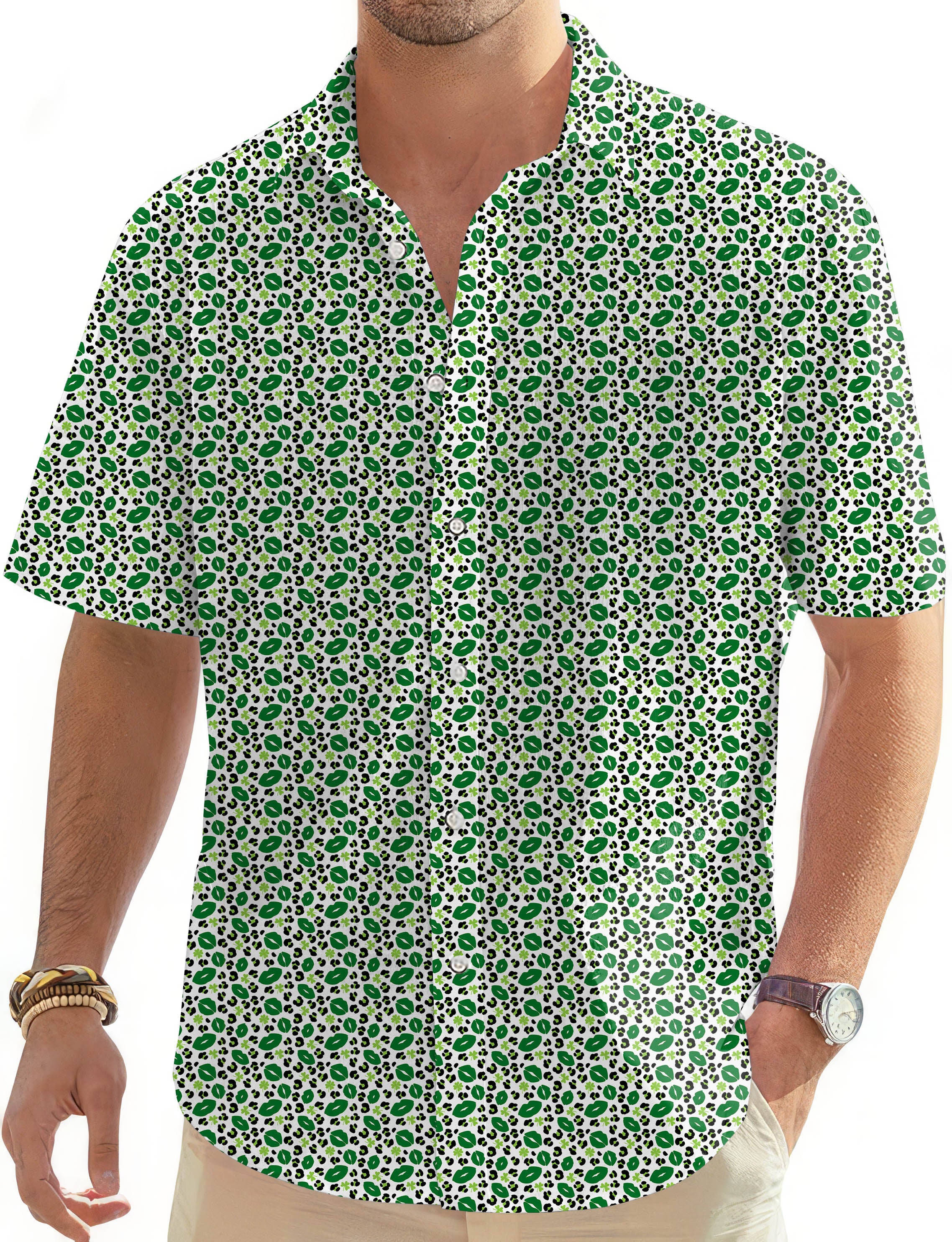Green leopard kiss St. Patrick's Day-Men's Golf Hawaiian Shirts Button Down Shirt