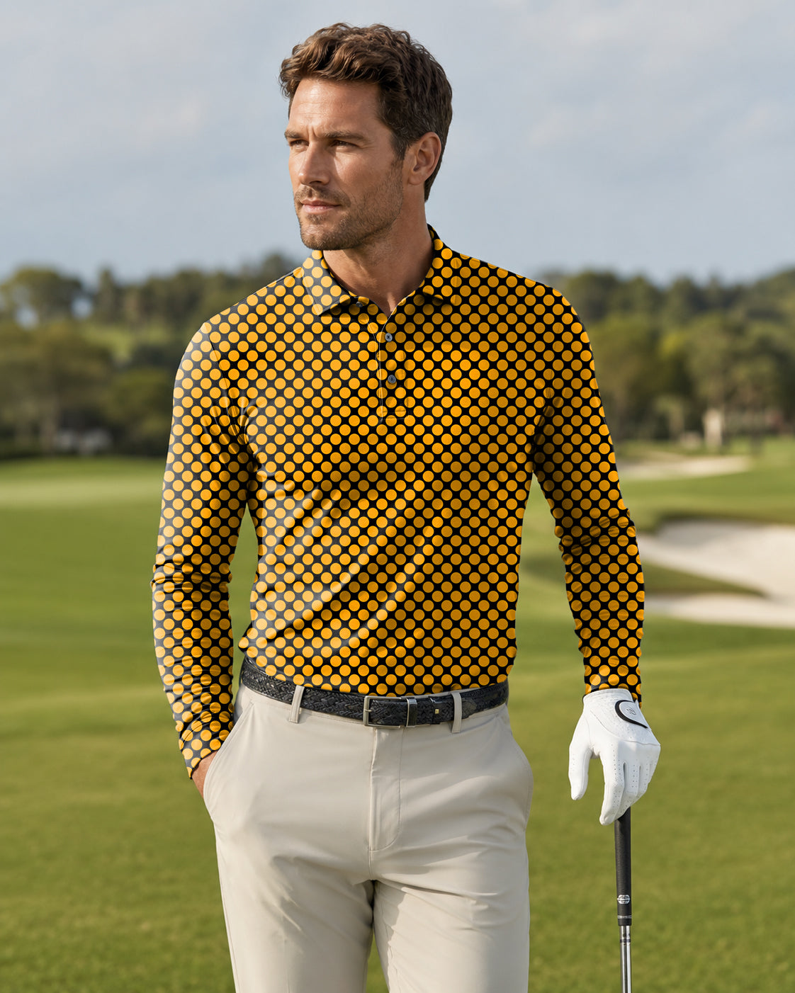 Men's Halloween black and yellow polka dots Long-sleeved Polo